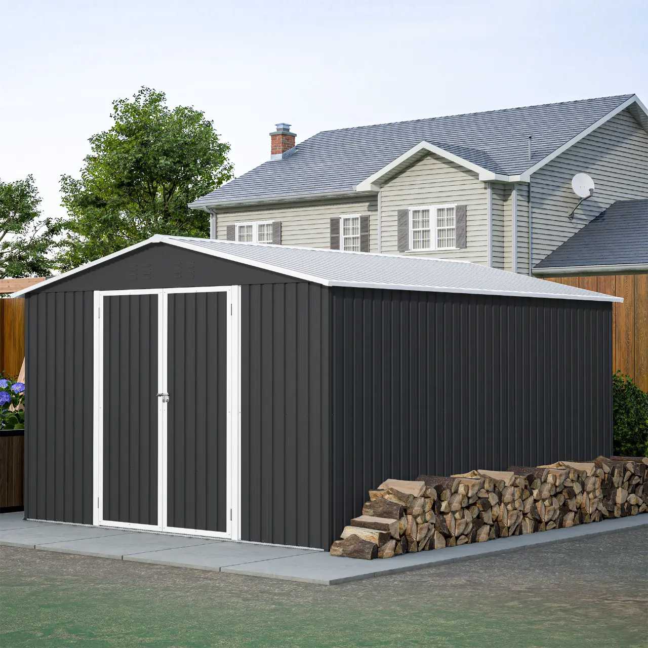 Anthracite metal garden shed with an apex roof and a white door in front of a house