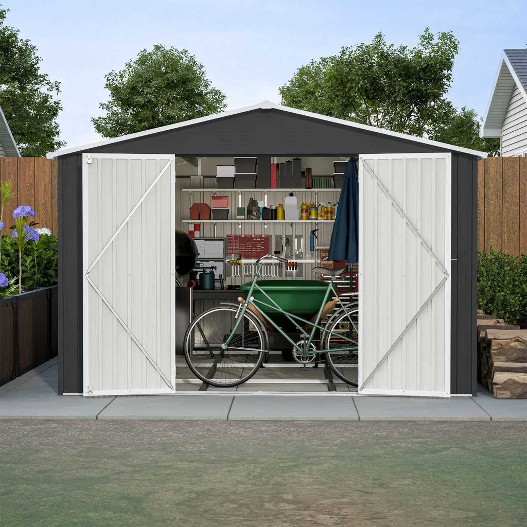 Garden shed with apex roof and  open doors showing a bicycle and various items inside, surrounded by greenery.