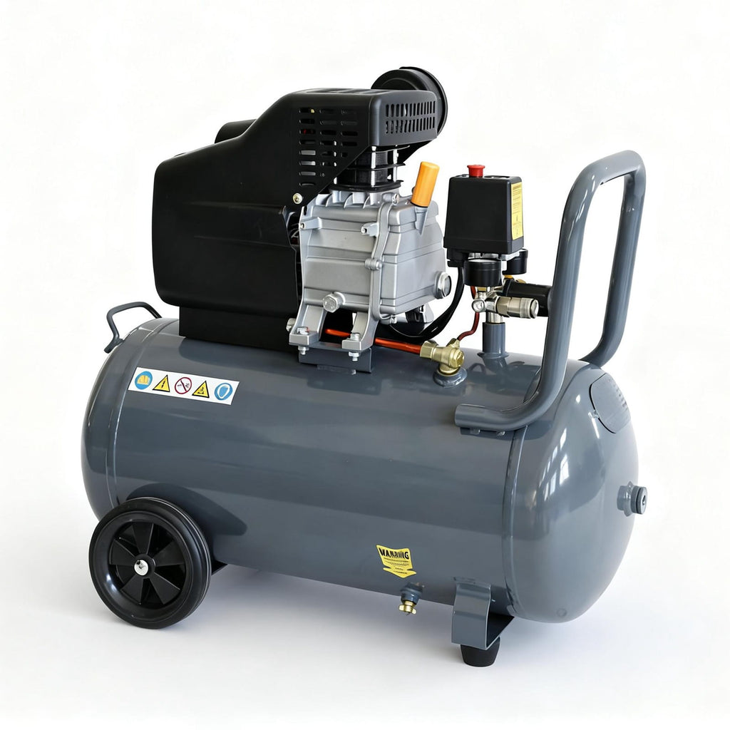 Grey 50L air compressor on a white background