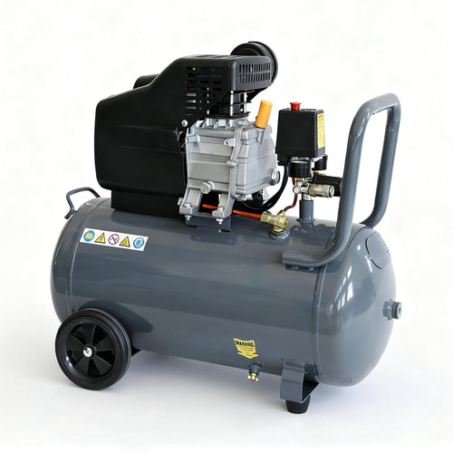Grey 50L air compressor on a white background
