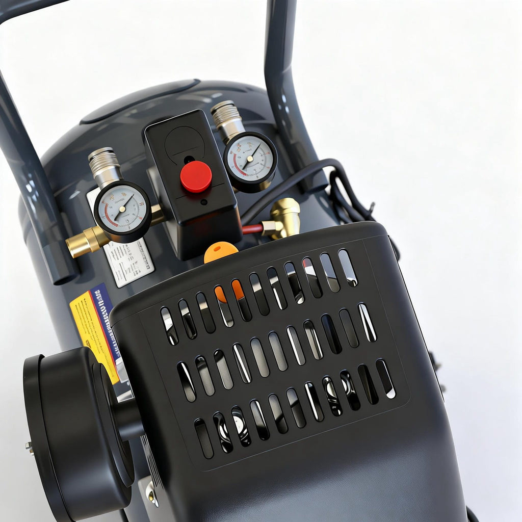 Close-up of a 50L air compressor pressure washer with control panel on a white background