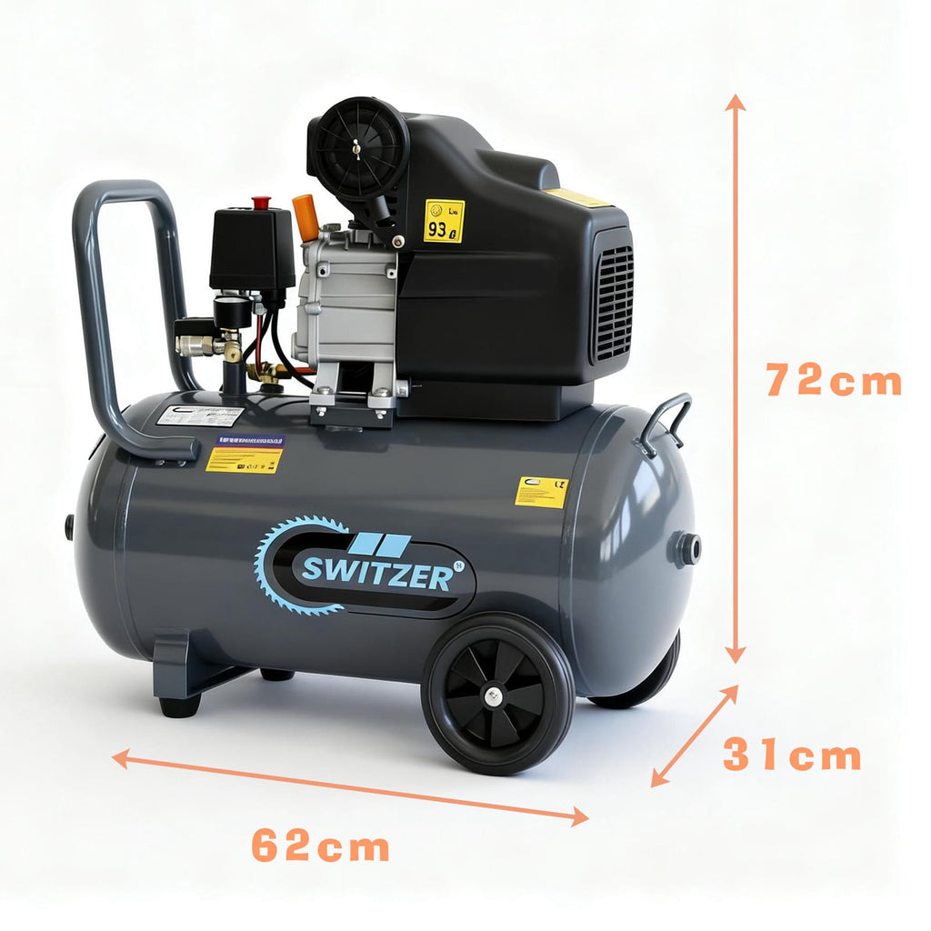 Switzer 50L air compressor with dimensions indicated on a white background