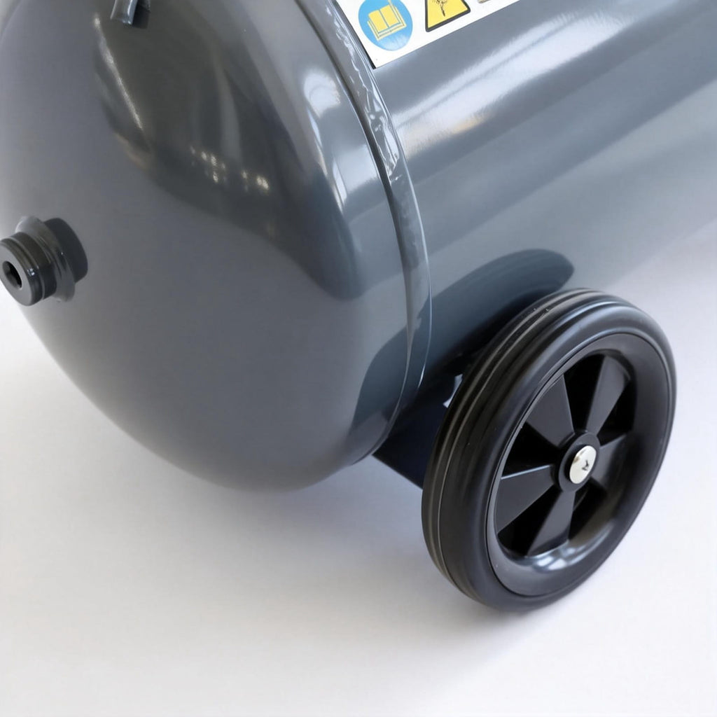 Grey 50L air compressor with a wheel on a white background