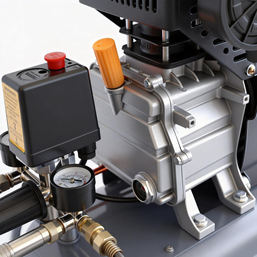 Close-up of a 50L air compressor with various components including a pressure gauge and metal parts.