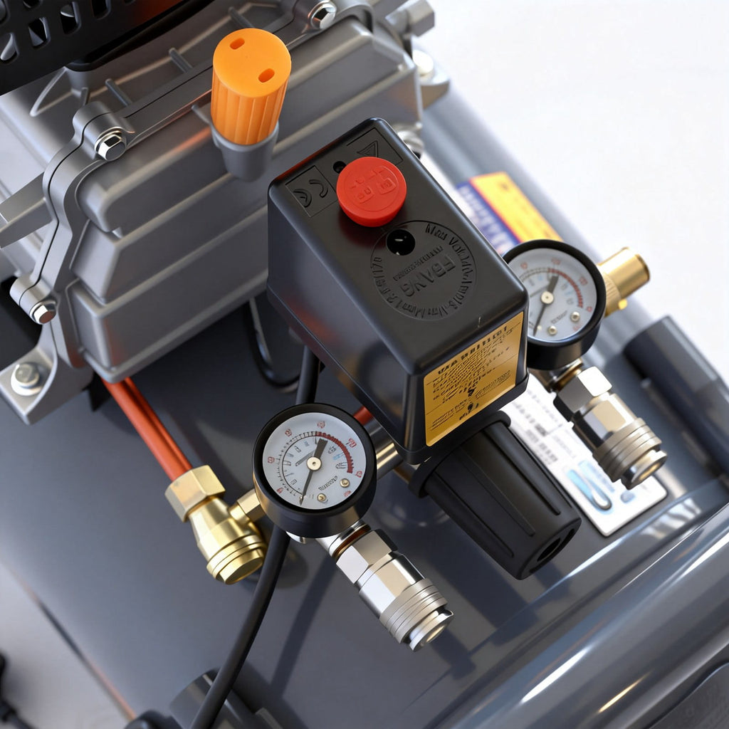 Close-up of a 50L air compressor with gauges on a metallic surface