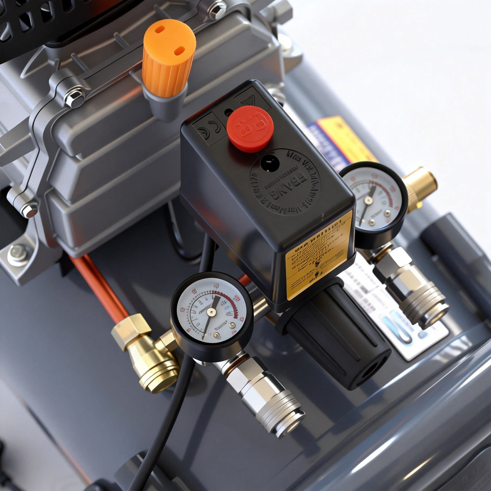 Close-up of a 50L air compressor with gauges on a metallic surface