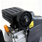 Close-up of a 50L air compressor with a black motor and grey casing on a white background
