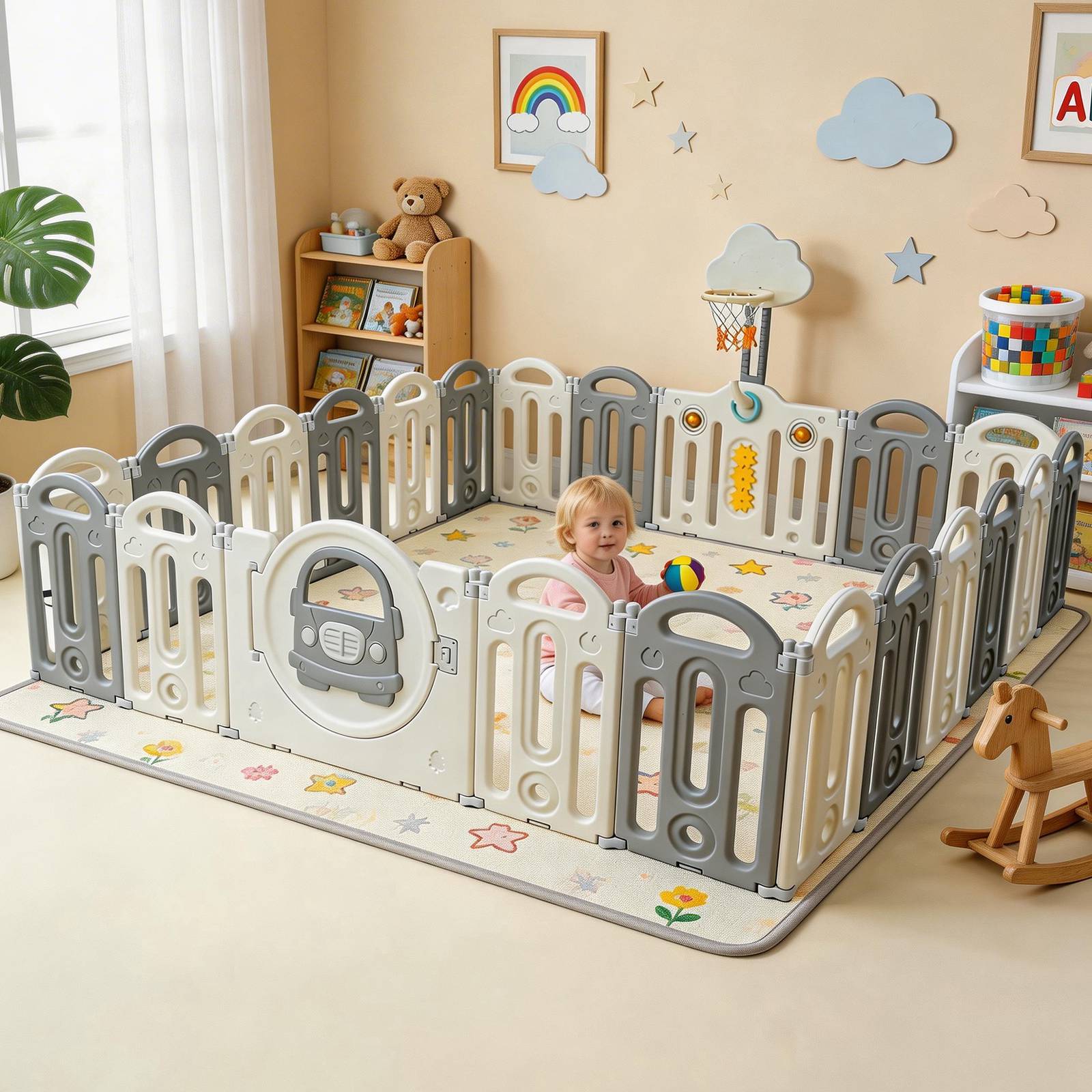 GALACTICA Baby Playpen Foldable Toddler Play Yard with Basketball Hoop in 3 Size