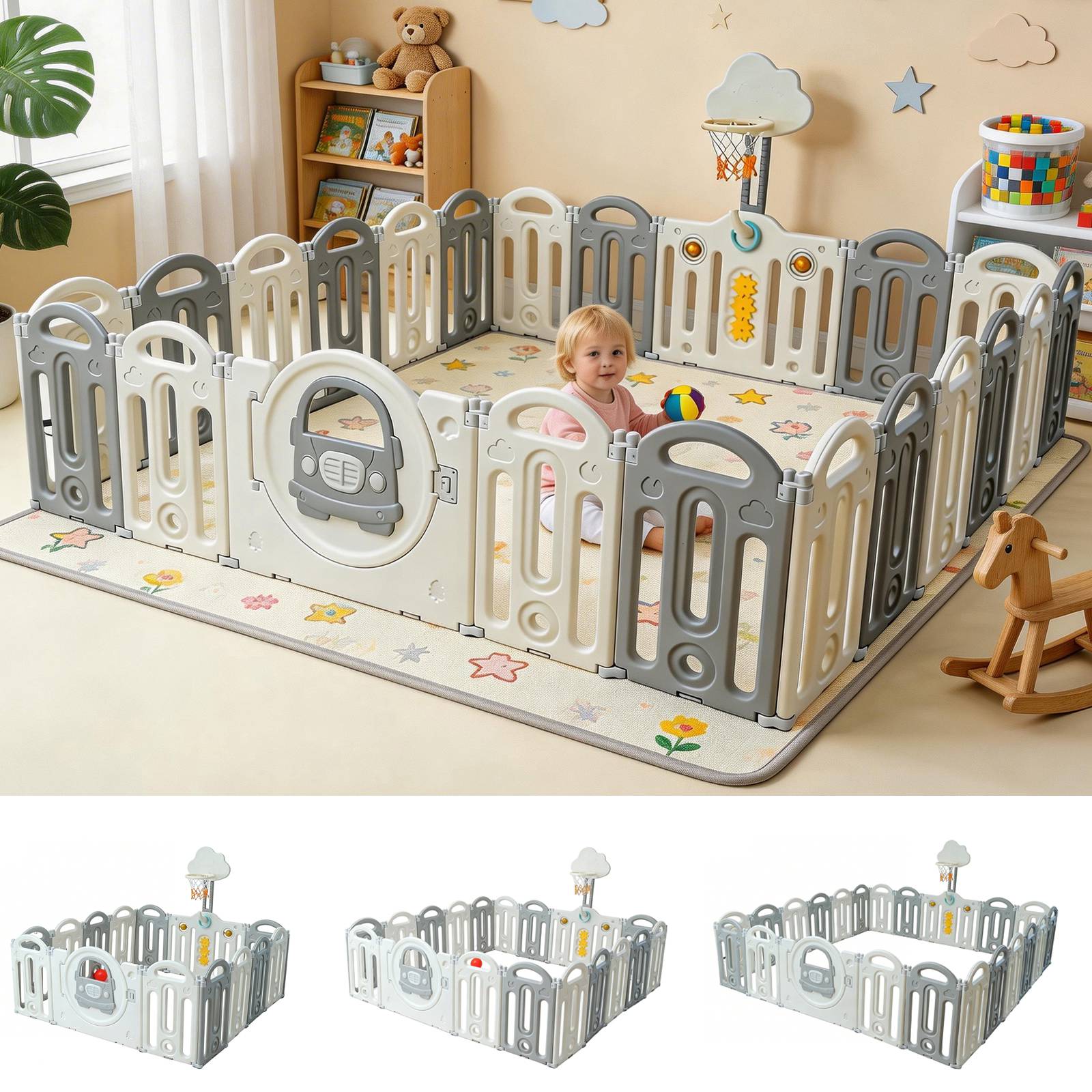 GALACTICA Baby Playpen Foldable Toddler Play Yard with Basketball Hoop in 3 Size