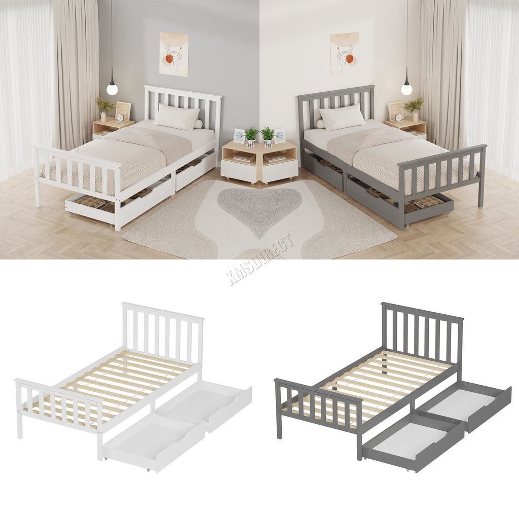 WestWood Wooden Single Bed Frame with Storage Drawer Kids Adult
