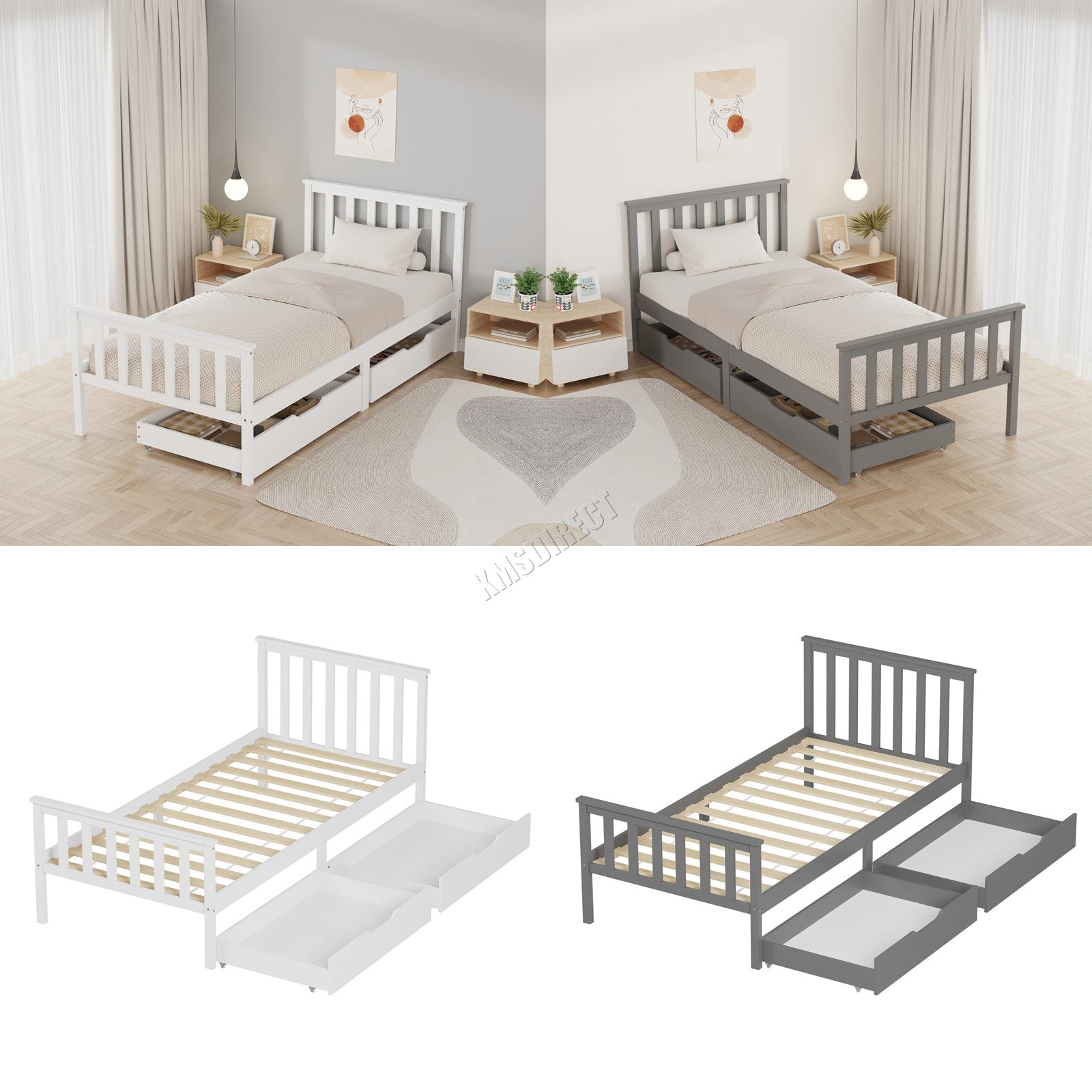 WestWood Wooden Single Bed Frame with Storage Drawer Kids Adult