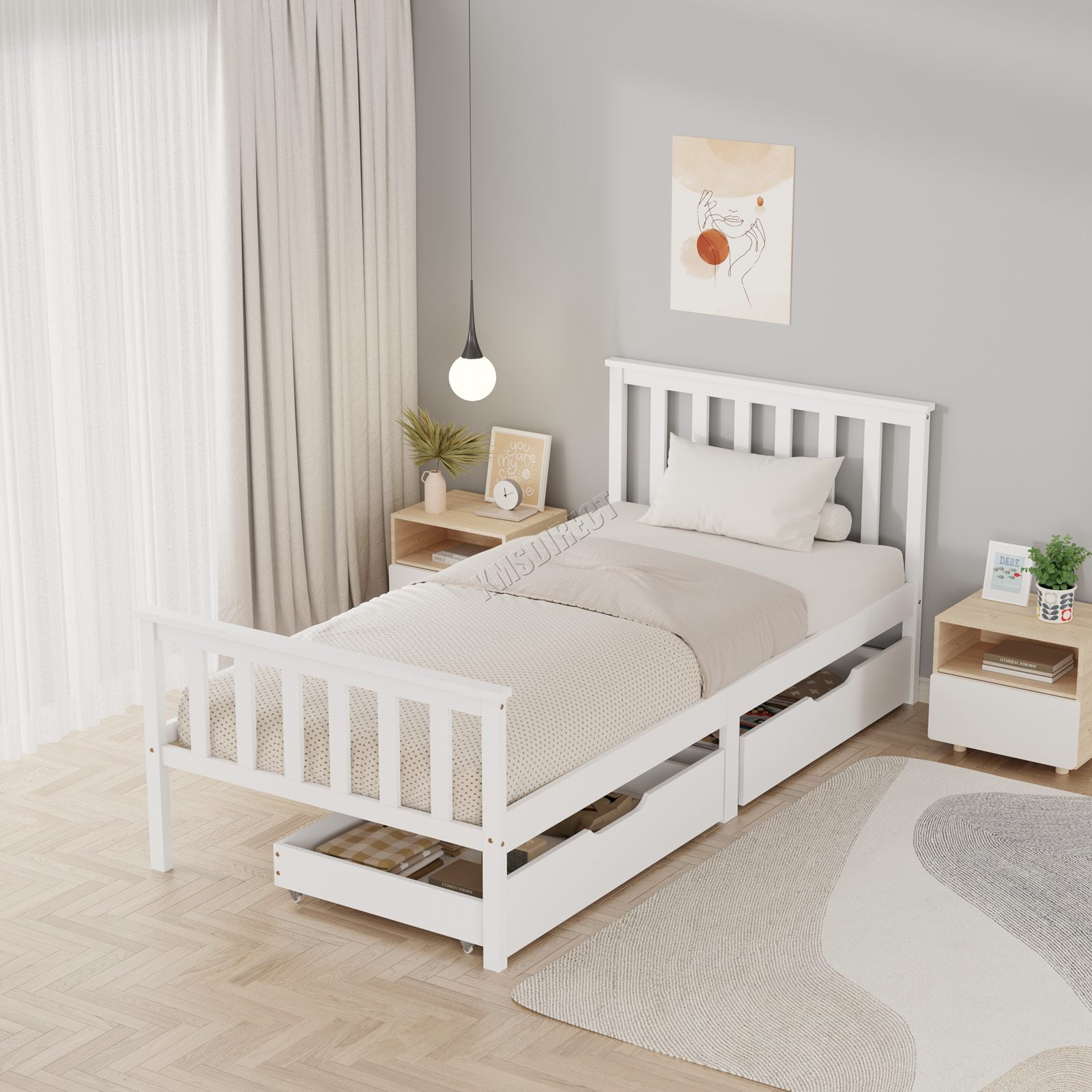 WestWood Wooden Single Bed Frame with Storage Drawer Kids Adult