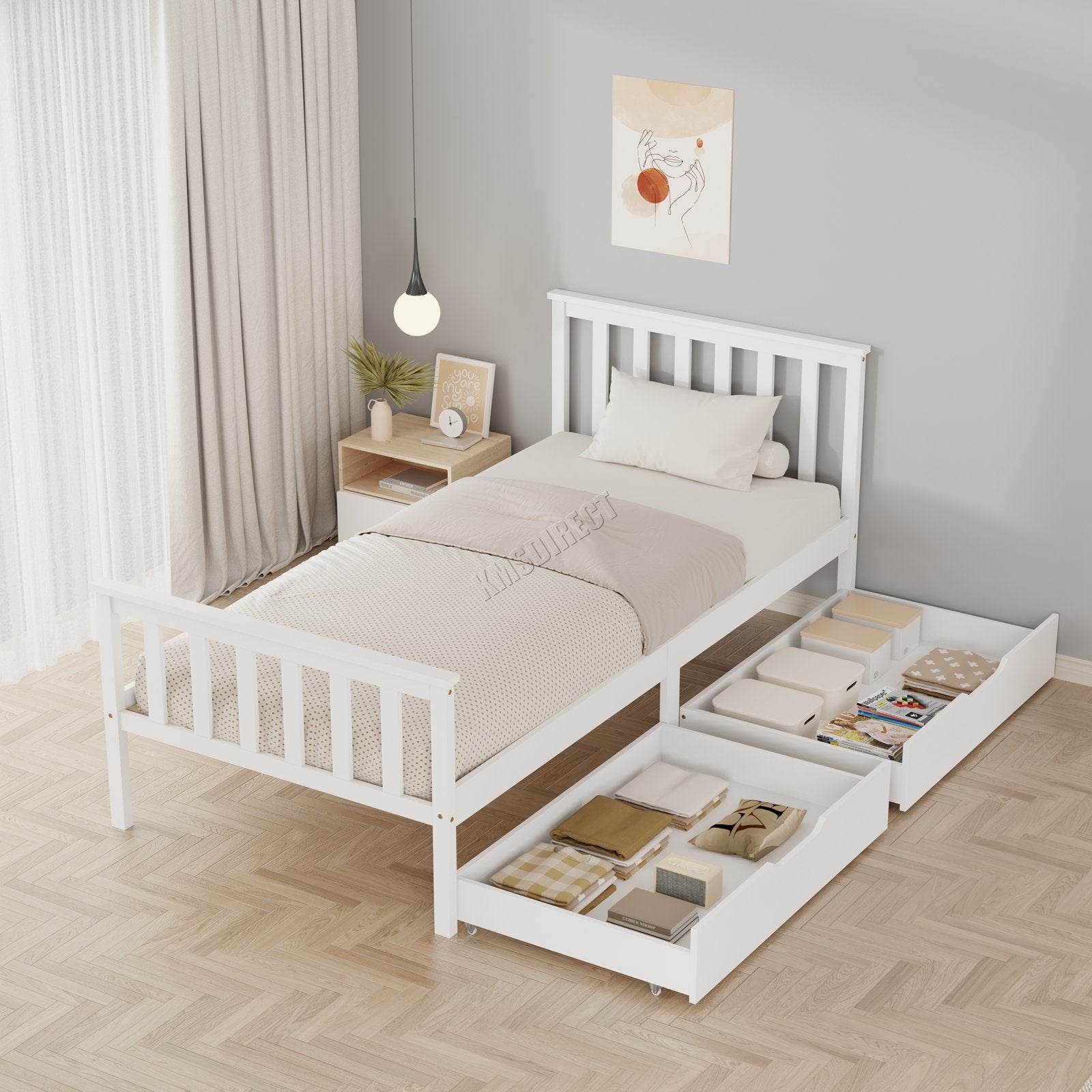 WestWood Wooden Single Bed Frame with Storage Drawer Kids Adult