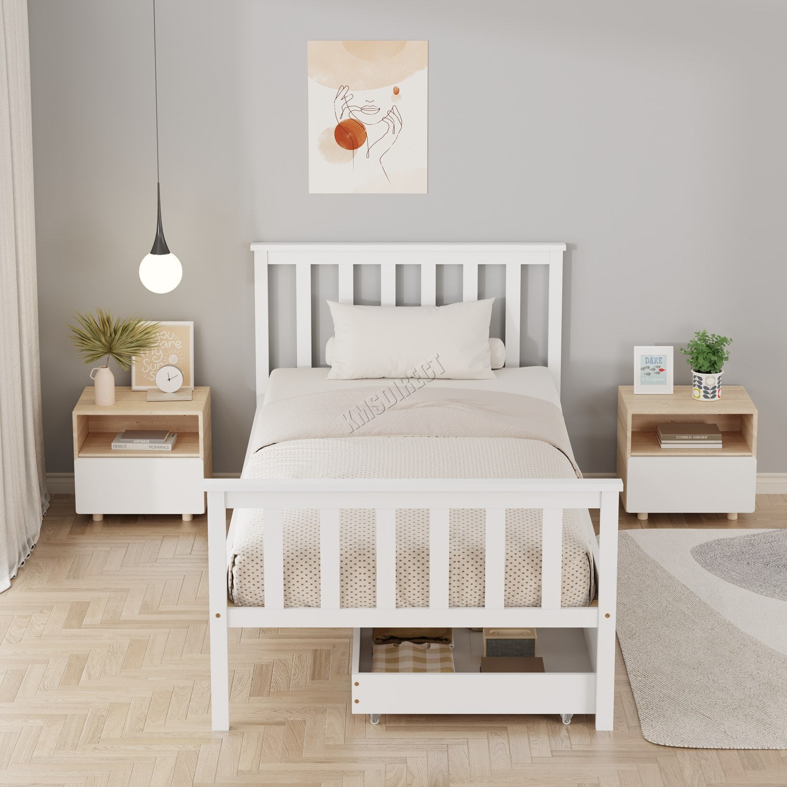 WestWood Wooden Single Bed Frame with Storage Drawer Kids Adult