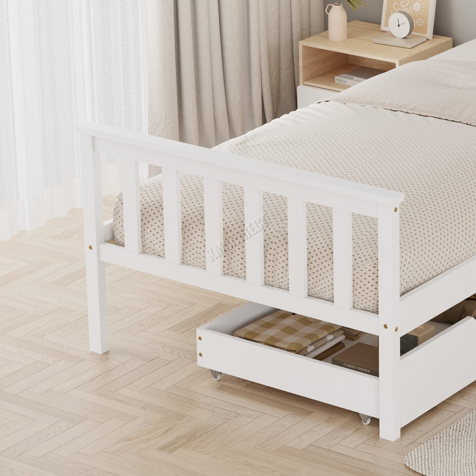 WestWood Wooden Single Bed Frame with Storage Drawer Kids Adult