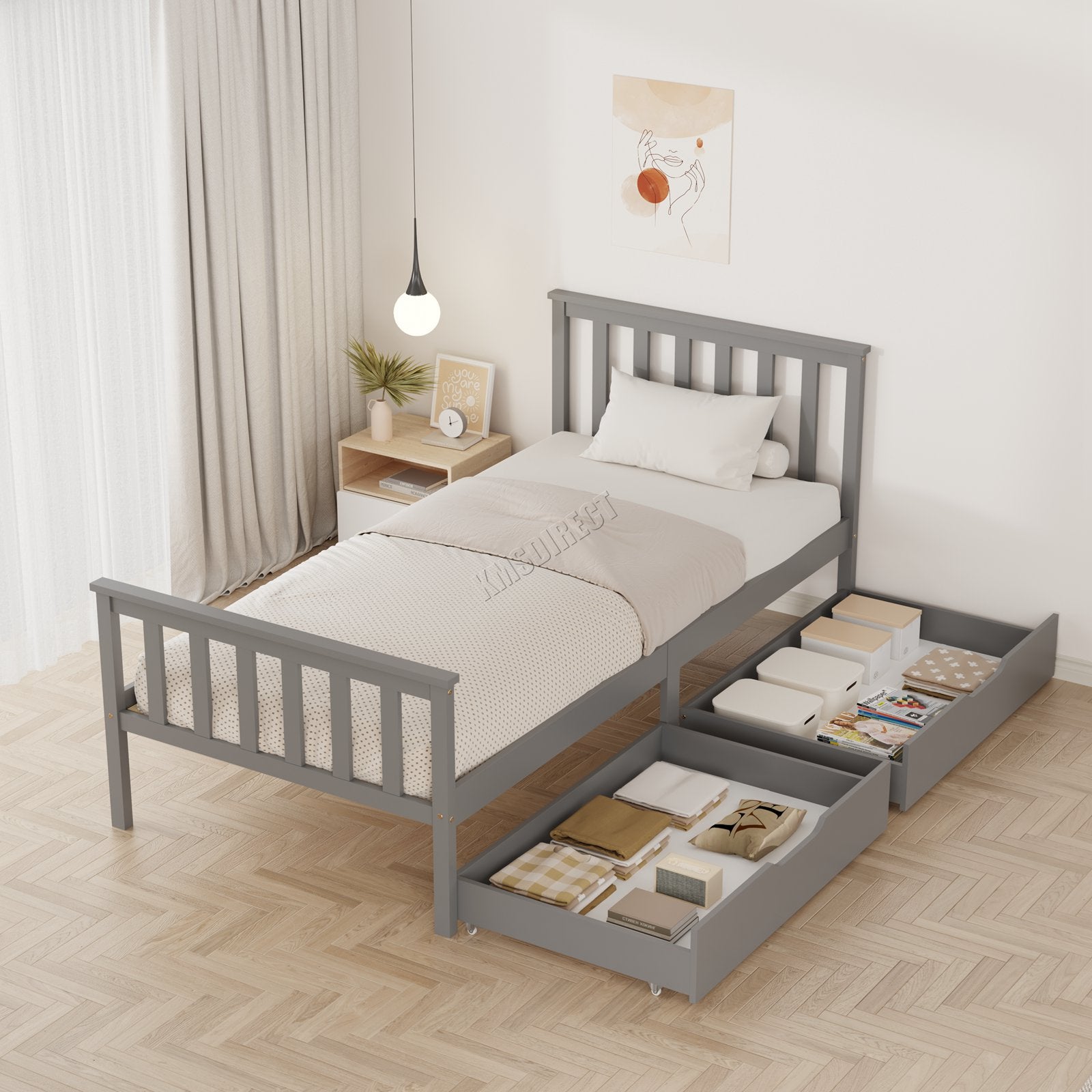 WestWood Wooden Single Bed Frame with Storage Drawer Kids Adult