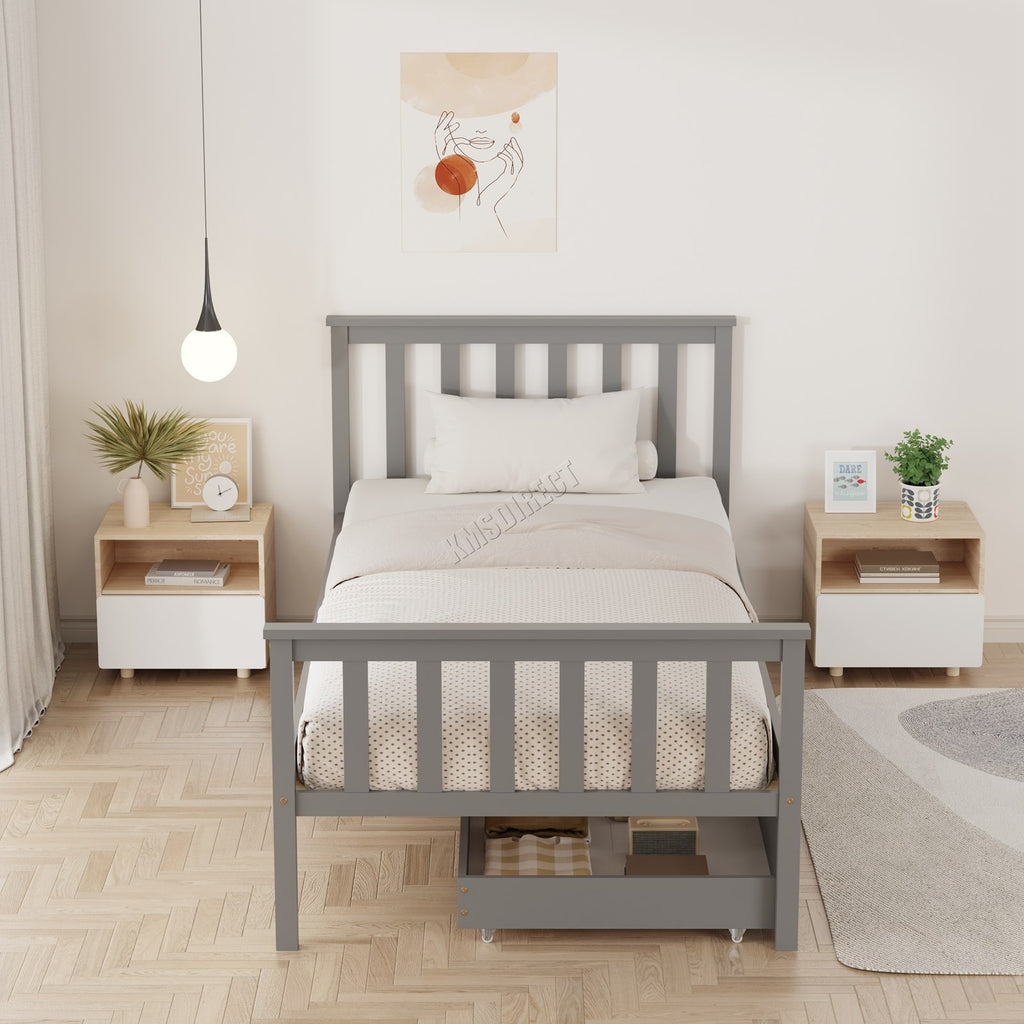 WestWood Wooden Single Bed Frame with Storage Drawer Kids Adult