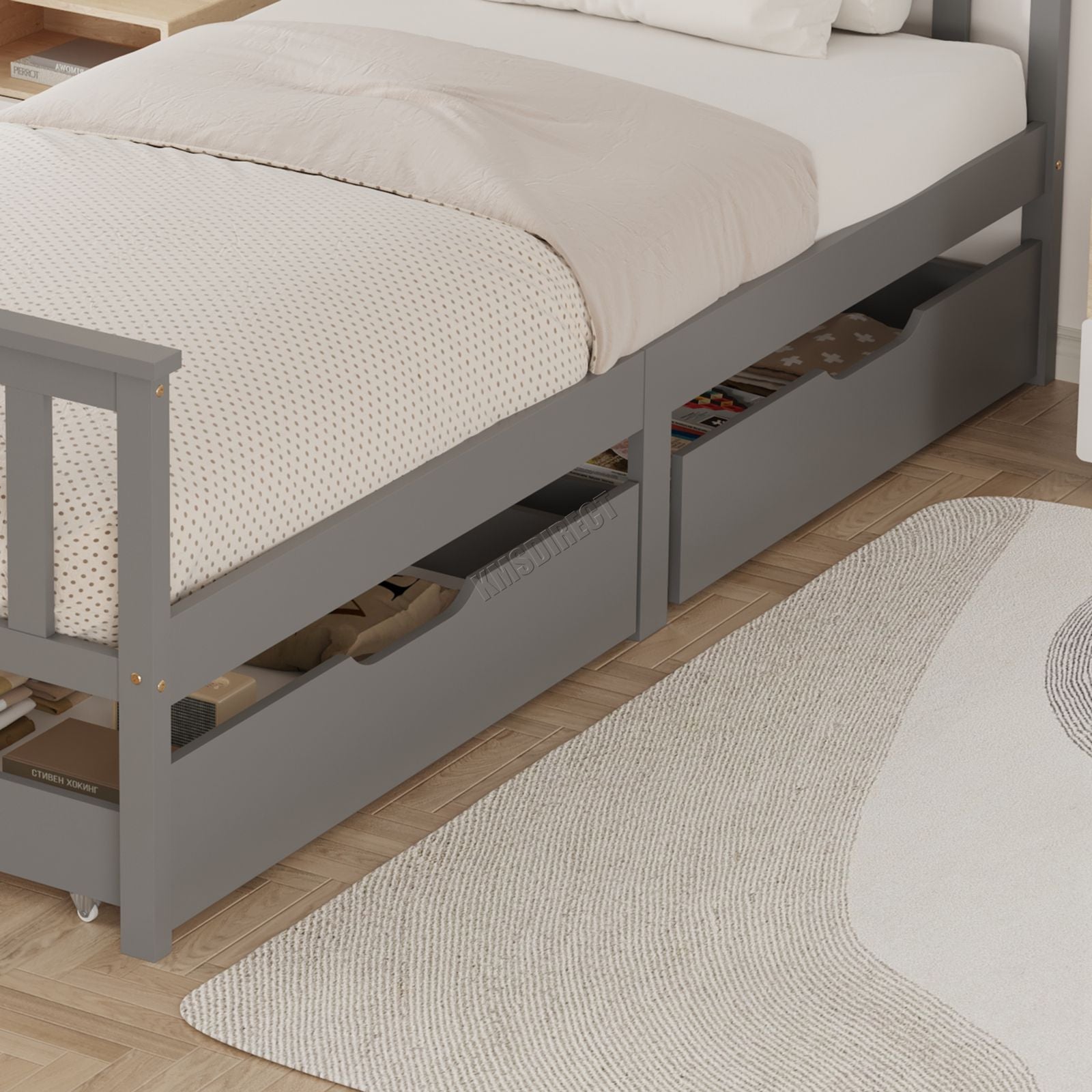 WestWood Wooden Single Bed Frame with Storage Drawer Kids Adult