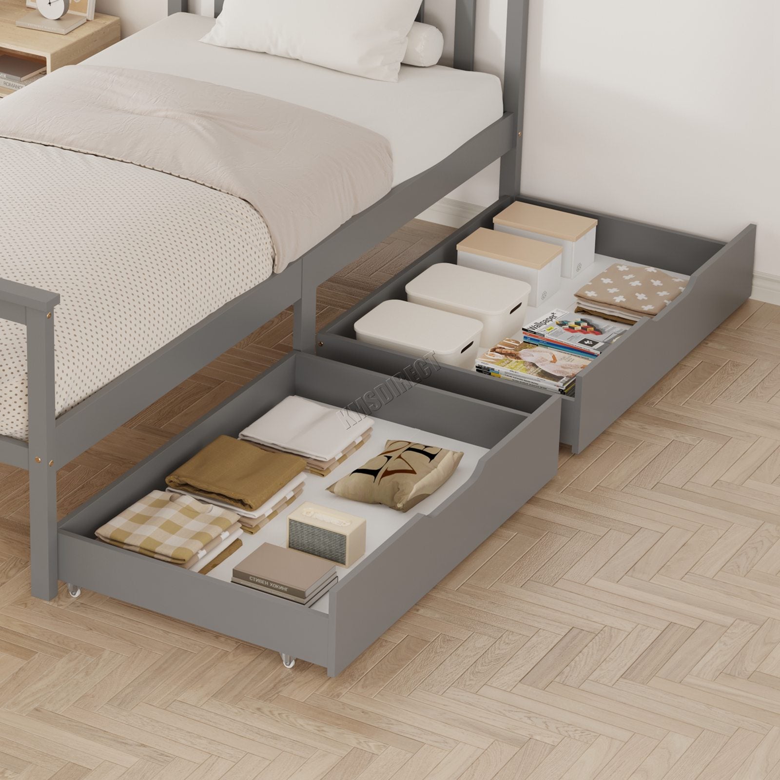 WestWood Wooden Single Bed Frame with Storage Drawer Kids Adult