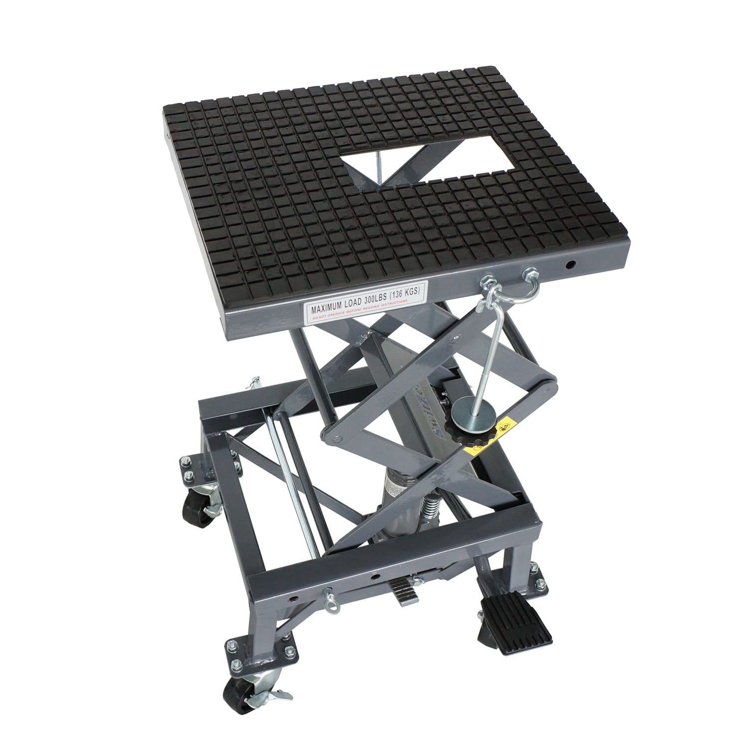 Motorcycle scissor lift table with grid surface on a white background
