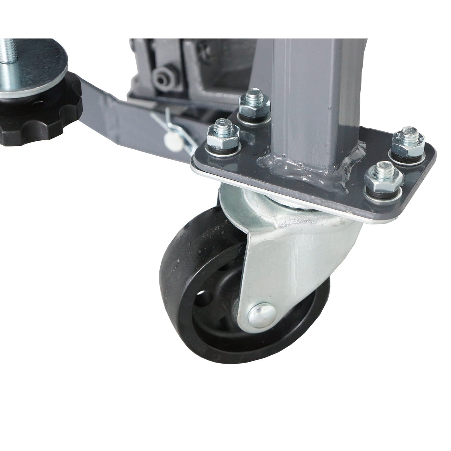 Close-up of a caster wheel with metal bracket from a motorcycle scissor lift on a white background
