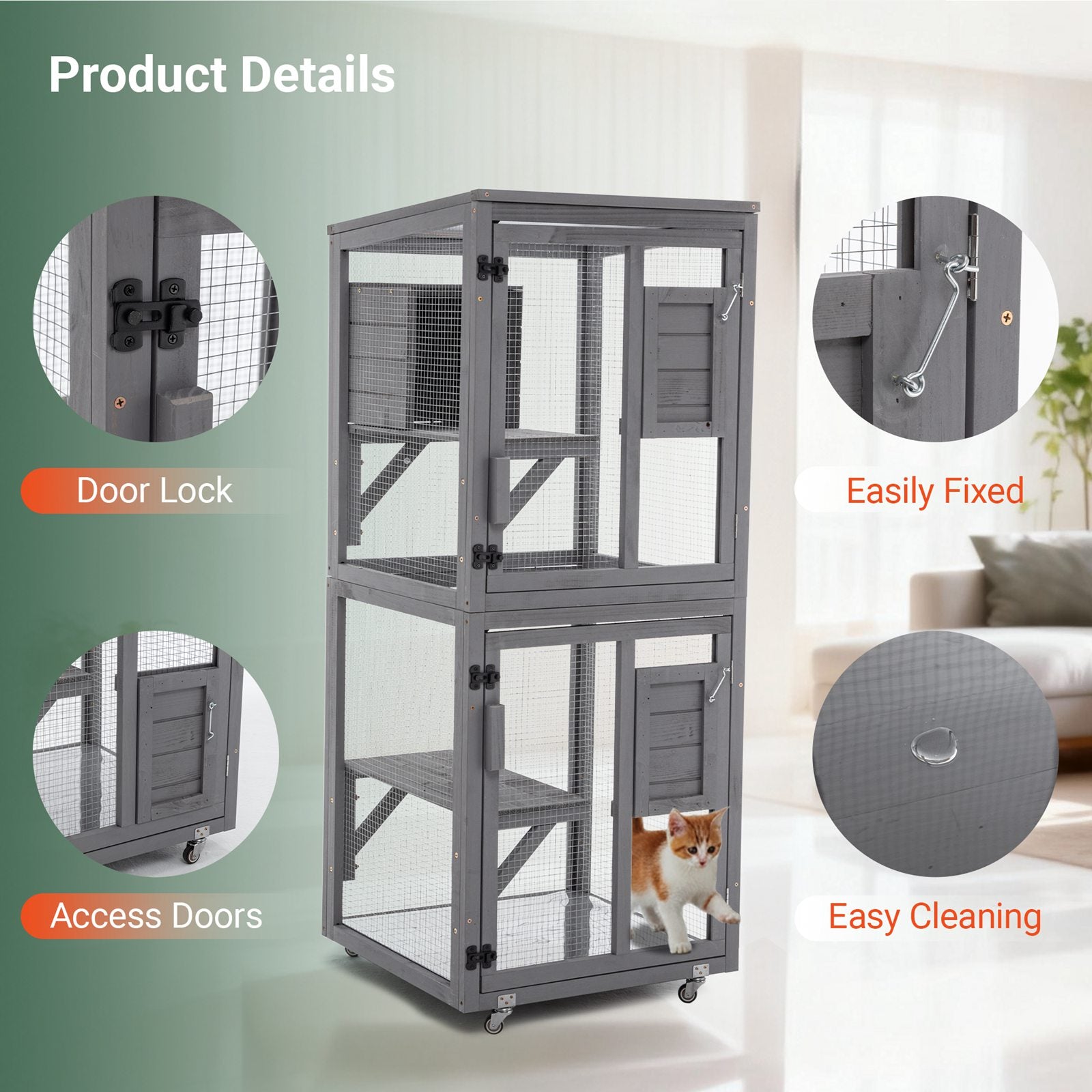 PawHaven Cat Cage Wood PH-CC-03 Grey