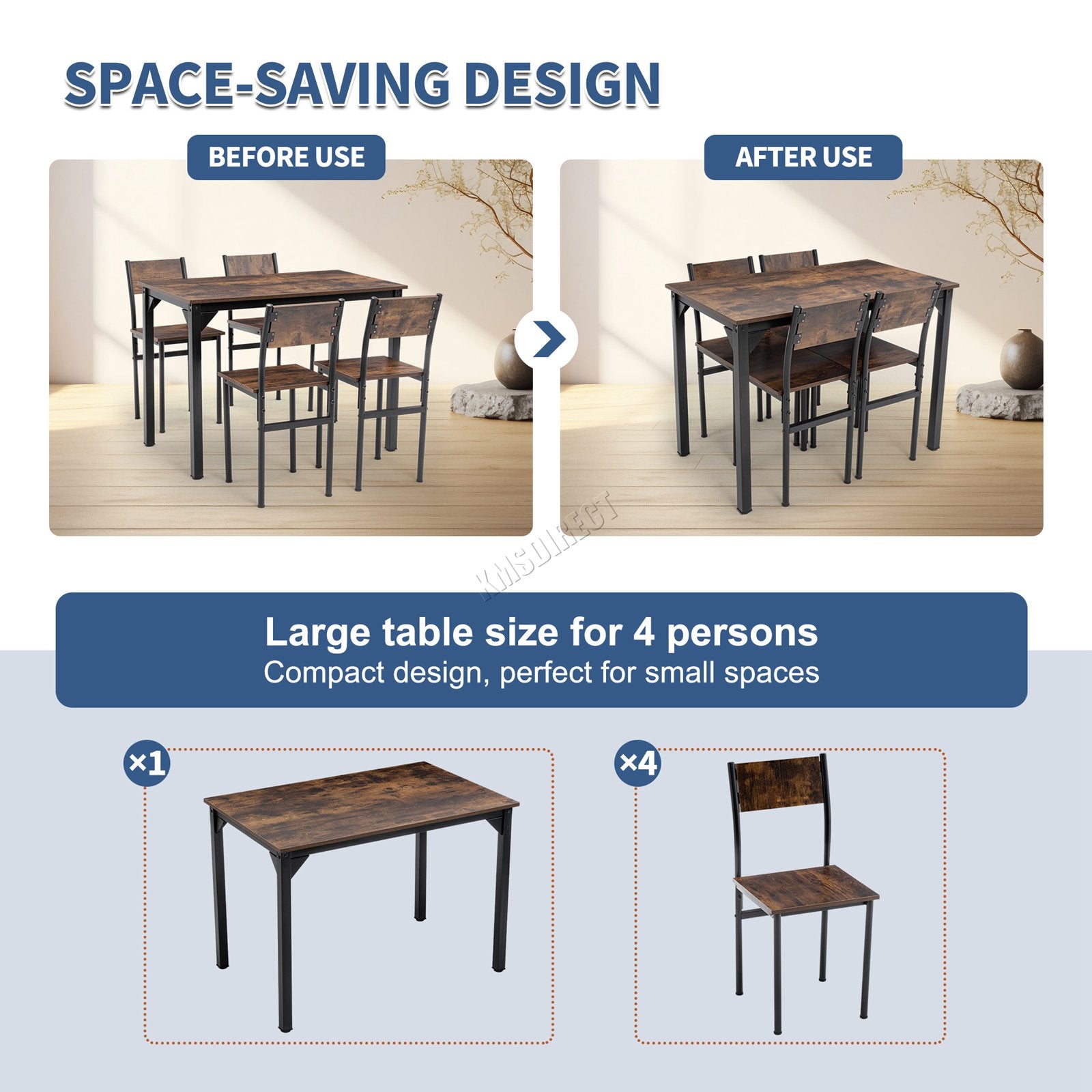WestWood Compact Dining Table and 4 Chairs Set 5PCS