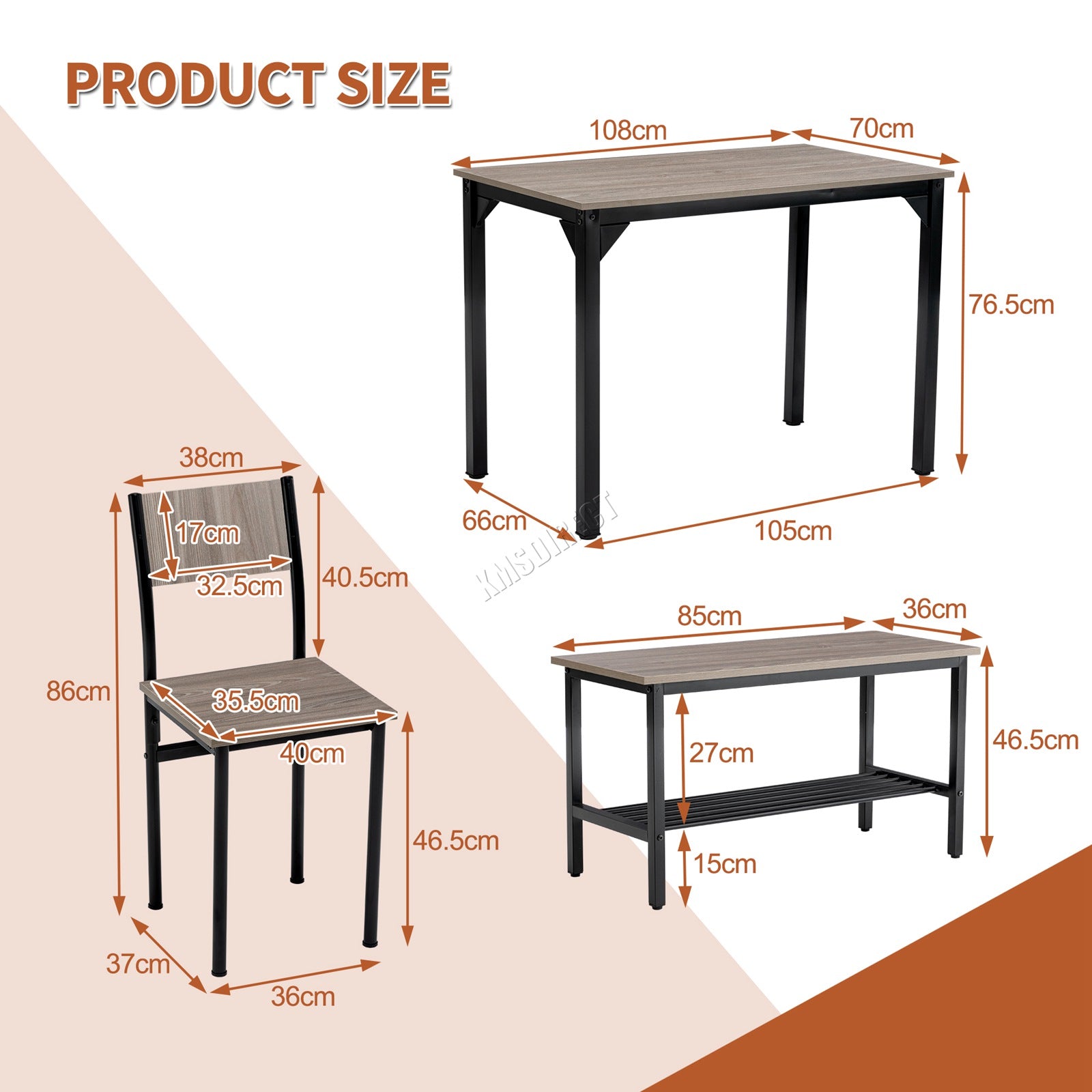 WestWood Compact Dining Table and 2 Chairs 1 Bench Set 4PCS