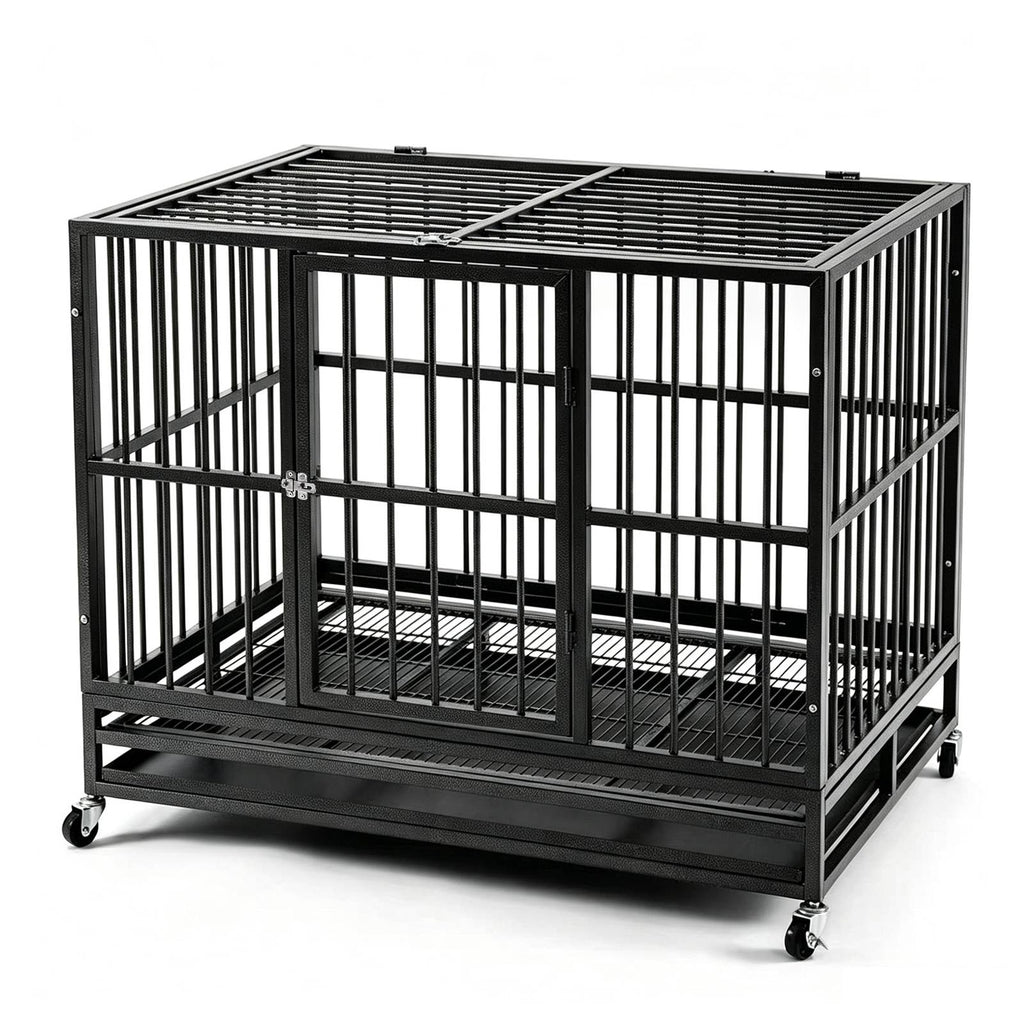 PawHaven 36" 42" 46" Heavy Duty Metal Dog Crate with Wheels, Indestructible Escape Proof Dog Cage, Double Door Foldable Dog Kennel with Removable Pull Out Tray