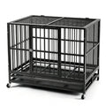 PawHaven 36" 42" 46" Heavy Duty Metal Dog Crate with Wheels, Indestructible Escape Proof Dog Cage, Double Door Foldable Dog Kennel with Removable Pull Out Tray