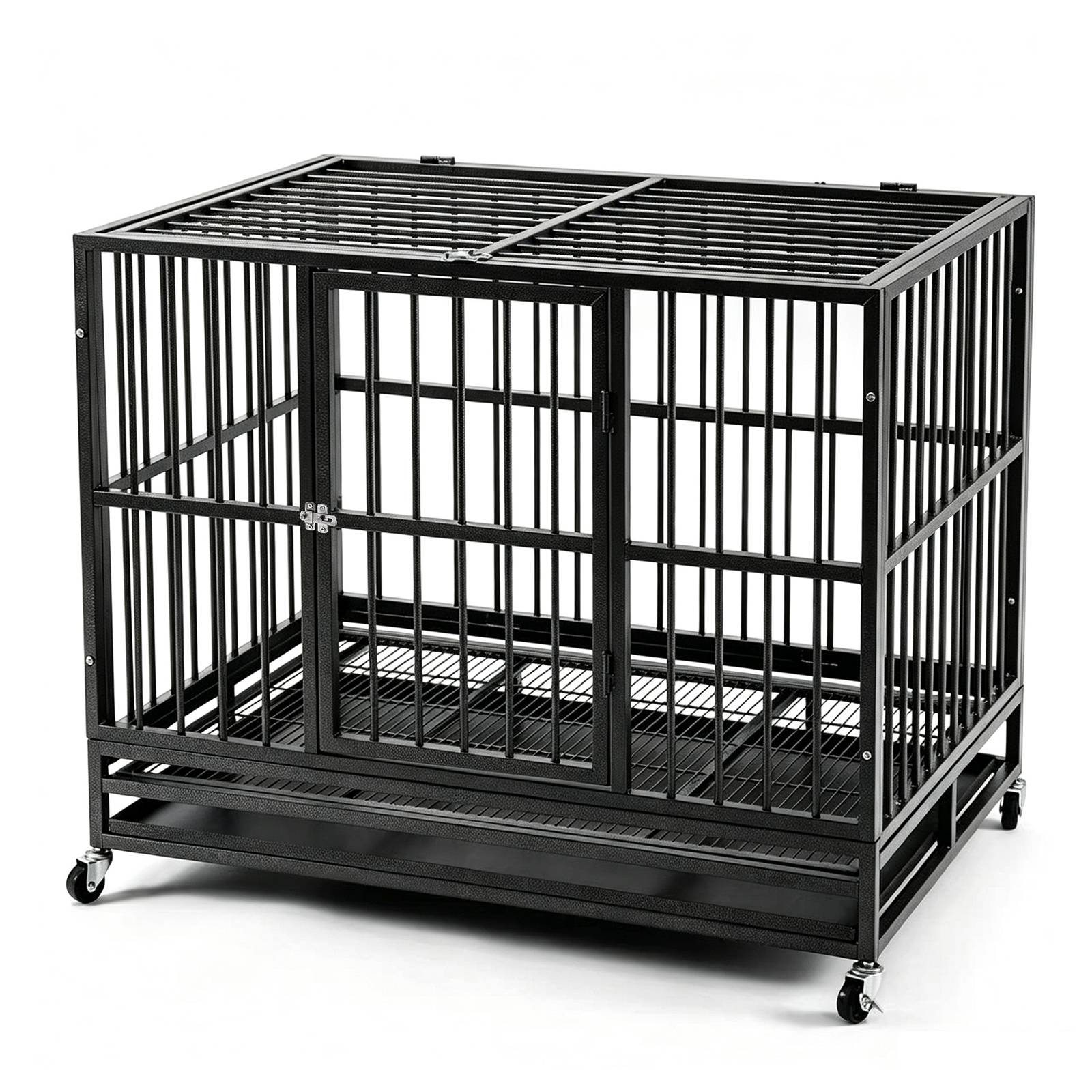 PawHaven 36" 42" 46" Heavy Duty Metal Dog Crate with Wheels, Indestructible Escape Proof Dog Cage, Double Door Foldable Dog Kennel with Removable Pull Out Tray