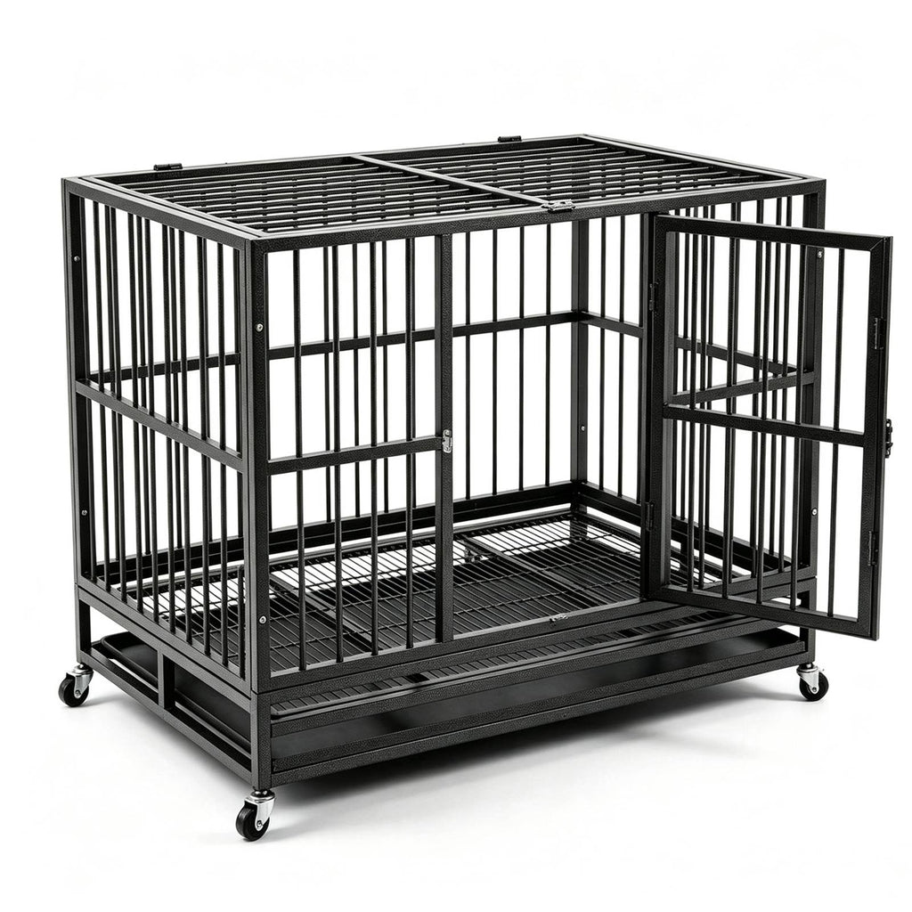 PawHaven 36" 42" 46" Heavy Duty Metal Dog Crate with Wheels, Indestructible Escape Proof Dog Cage, Double Door Foldable Dog Kennel with Removable Pull Out Tray