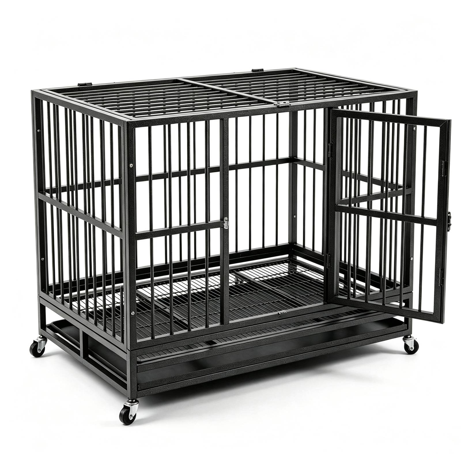 PawHaven 36" 42" 46" Heavy Duty Metal Dog Crate with Wheels, Indestructible Escape Proof Dog Cage, Double Door Foldable Dog Kennel with Removable Pull Out Tray
