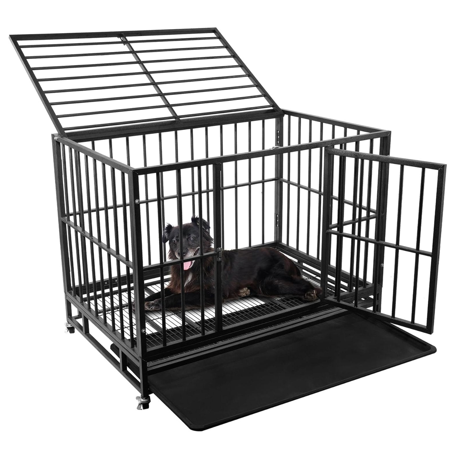 PawHaven 36" 42" 46" Heavy Duty Metal Dog Crate with Wheels, Indestructible Escape Proof Dog Cage, Double Door Foldable Dog Kennel with Removable Pull Out Tray