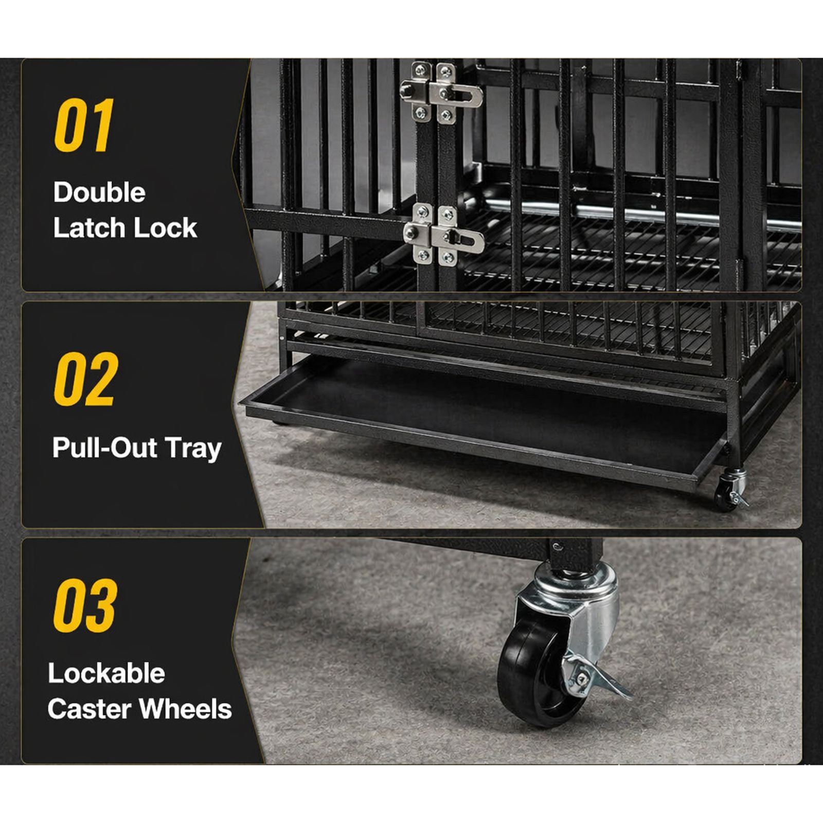 PawHaven 36" 42" 46" Heavy Duty Metal Dog Crate with Wheels, Indestructible Escape Proof Dog Cage, Double Door Foldable Dog Kennel with Removable Pull Out Tray