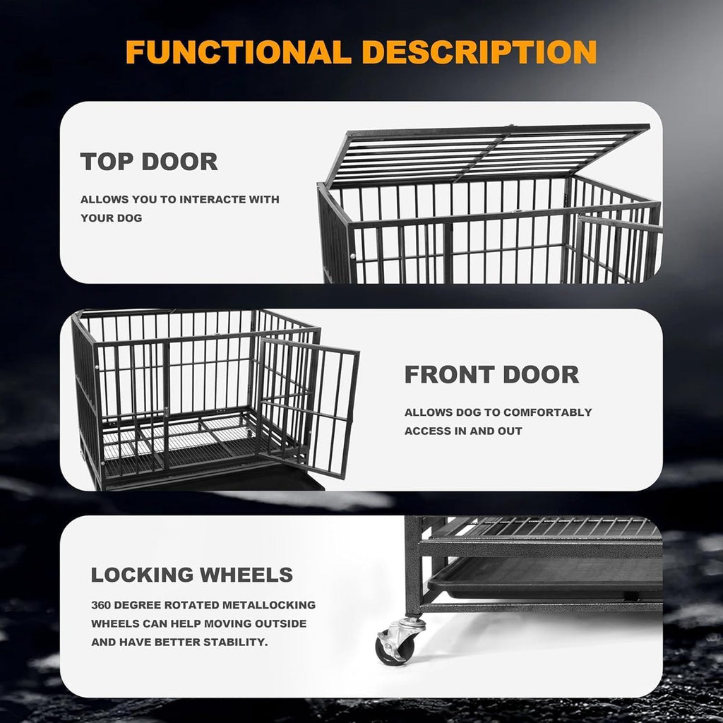 PawHaven 36" 42" 46" Heavy Duty Metal Dog Crate with Wheels, Indestructible Escape Proof Dog Cage, Double Door Foldable Dog Kennel with Removable Pull Out Tray