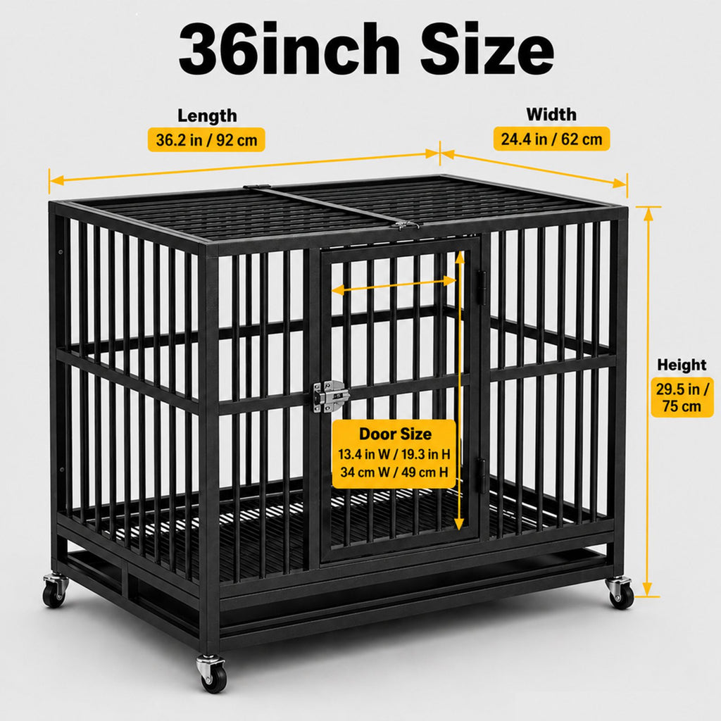 PawHaven 36" 42" 46" Heavy Duty Metal Dog Crate with Wheels, Indestructible Escape Proof Dog Cage, Double Door Foldable Dog Kennel with Removable Pull Out Tray