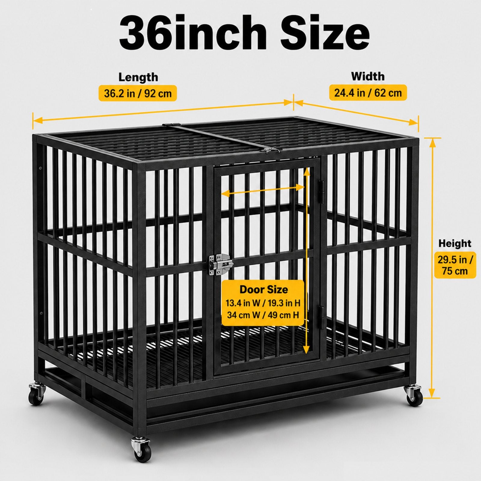 PawHaven 36" 42" 46" Heavy Duty Metal Dog Crate with Wheels, Indestructible Escape Proof Dog Cage, Double Door Foldable Dog Kennel with Removable Pull Out Tray