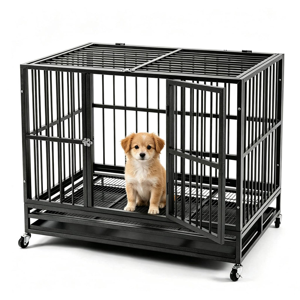 PawHaven 36" 42" 46" Heavy Duty Metal Dog Crate with Wheels, Indestructible Escape Proof Dog Cage, Double Door Foldable Dog Kennel with Removable Pull Out Tray