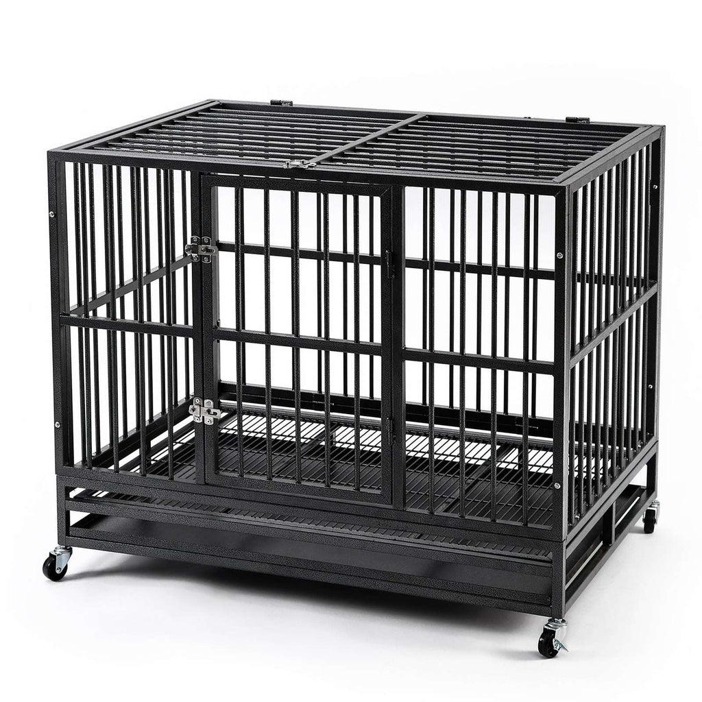 PawHaven 36" 42" 46" Heavy Duty Metal Dog Crate with Wheels, Indestructible Escape Proof Dog Cage, Double Door Foldable Dog Kennel with Removable Pull Out Tray