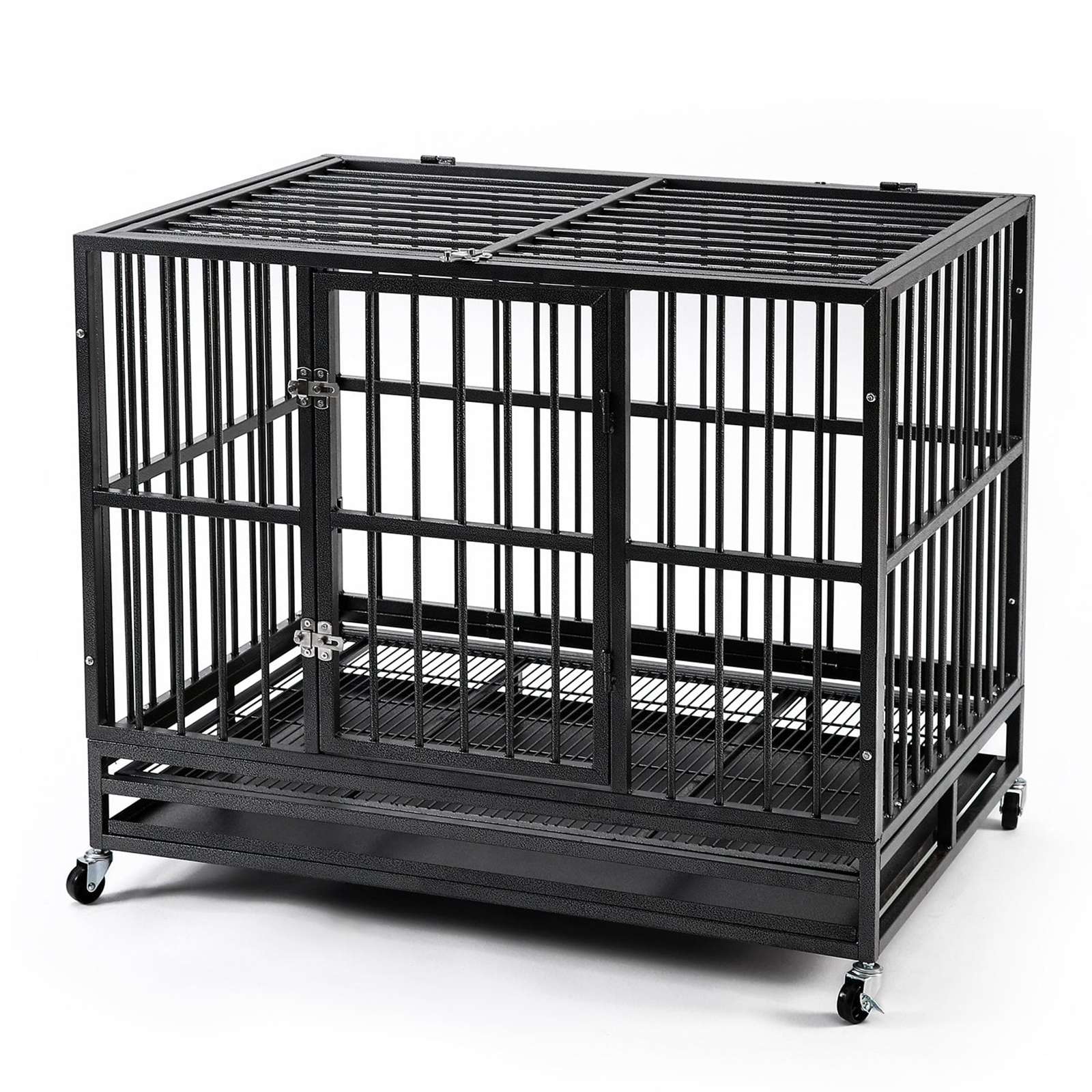PawHaven 36" 42" 46" Heavy Duty Metal Dog Crate with Wheels, Indestructible Escape Proof Dog Cage, Double Door Foldable Dog Kennel with Removable Pull Out Tray