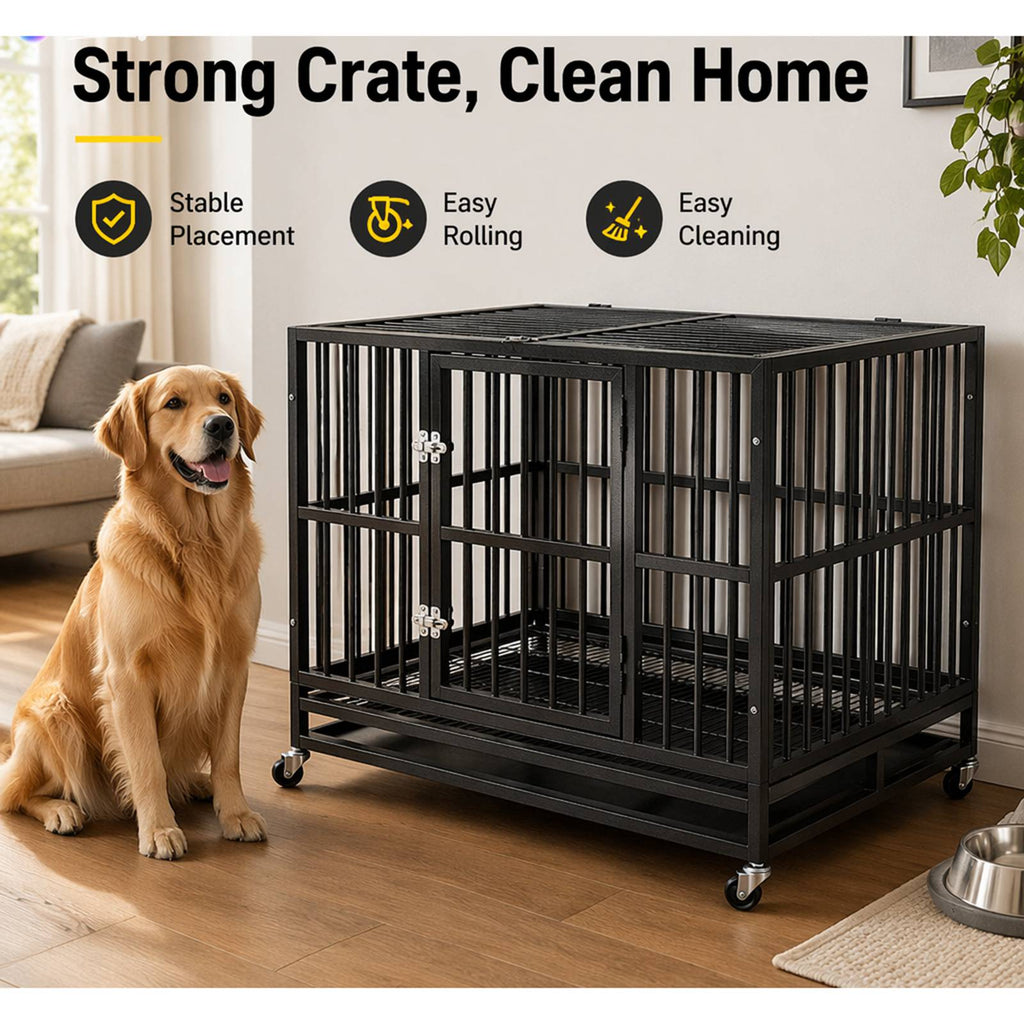 PawHaven 36" 42" 46" Heavy Duty Metal Dog Crate with Wheels, Indestructible Escape Proof Dog Cage, Double Door Foldable Dog Kennel with Removable Pull Out Tray