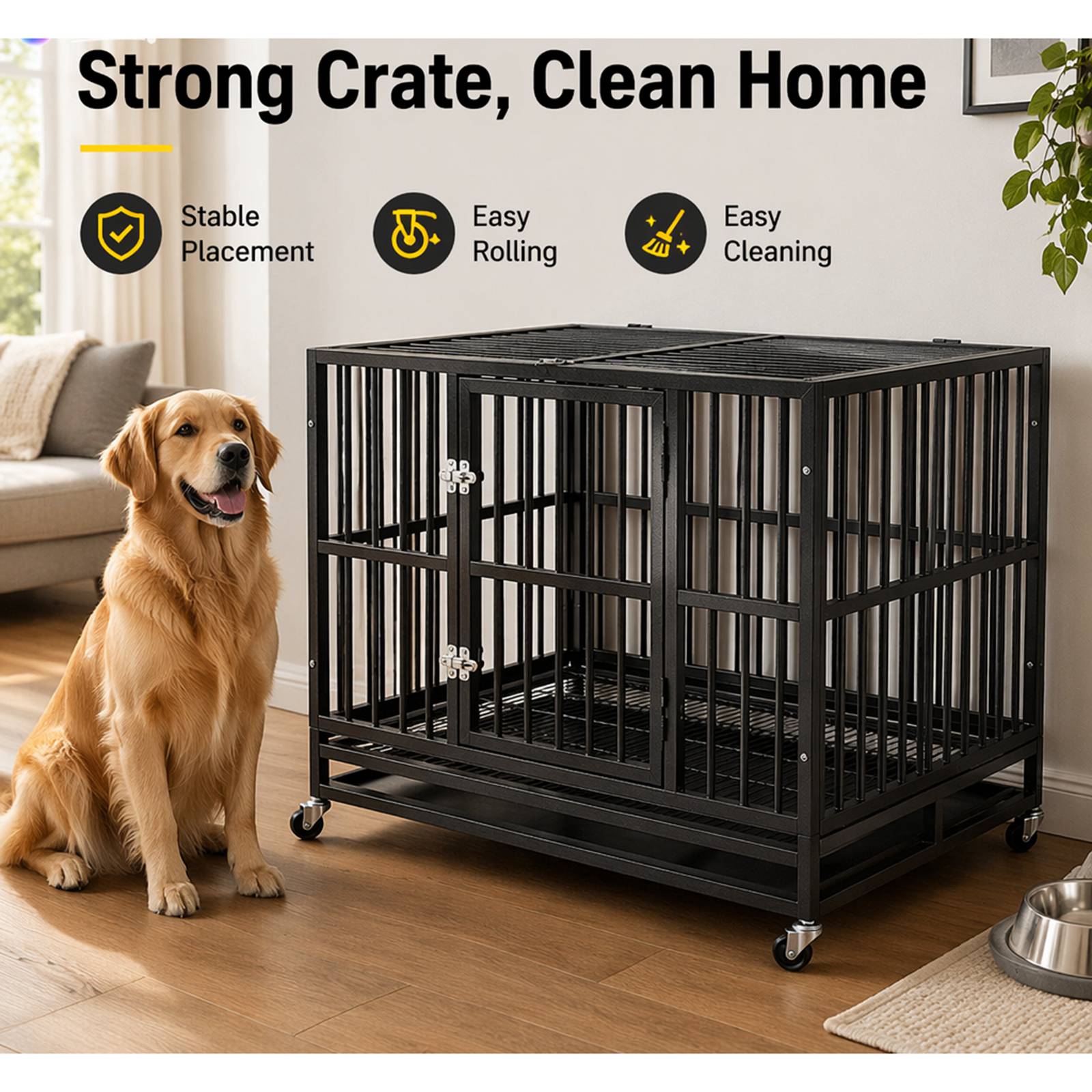PawHaven 36" 42" 46" Heavy Duty Metal Dog Crate with Wheels, Indestructible Escape Proof Dog Cage, Double Door Foldable Dog Kennel with Removable Pull Out Tray
