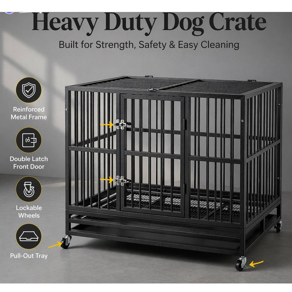 PawHaven 36" 42" 46" Heavy Duty Metal Dog Crate with Wheels, Indestructible Escape Proof Dog Cage, Double Door Foldable Dog Kennel with Removable Pull Out Tray