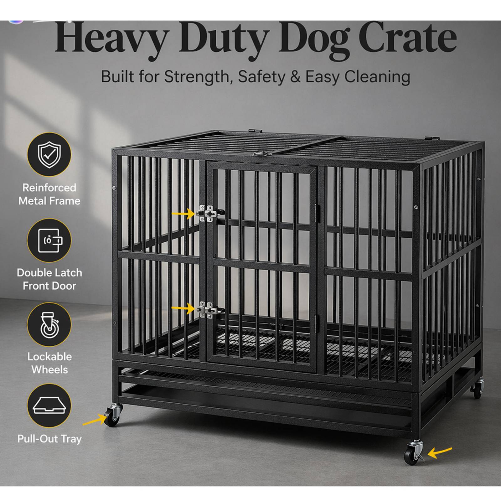 PawHaven 36" 42" 46" Heavy Duty Metal Dog Crate with Wheels, Indestructible Escape Proof Dog Cage, Double Door Foldable Dog Kennel with Removable Pull Out Tray