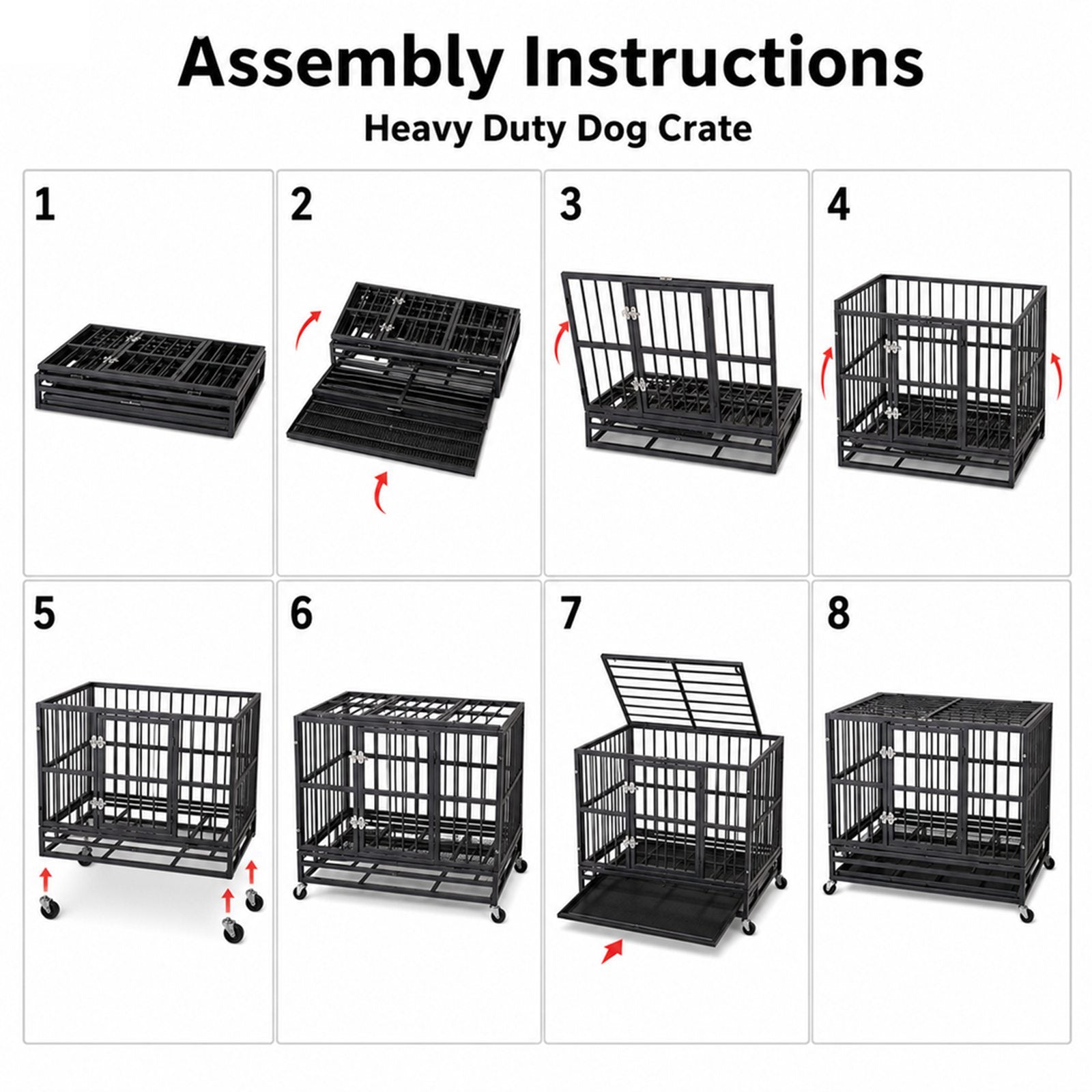 PawHaven 36" 42" 46" Heavy Duty Metal Dog Crate with Wheels, Indestructible Escape Proof Dog Cage, Double Door Foldable Dog Kennel with Removable Pull Out Tray