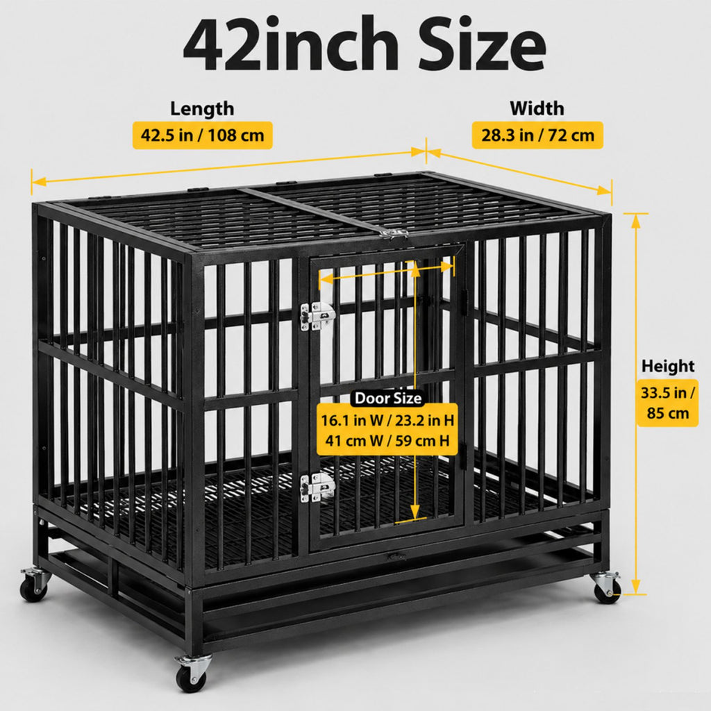 PawHaven 36" 42" 46" Heavy Duty Metal Dog Crate with Wheels, Indestructible Escape Proof Dog Cage, Double Door Foldable Dog Kennel with Removable Pull Out Tray