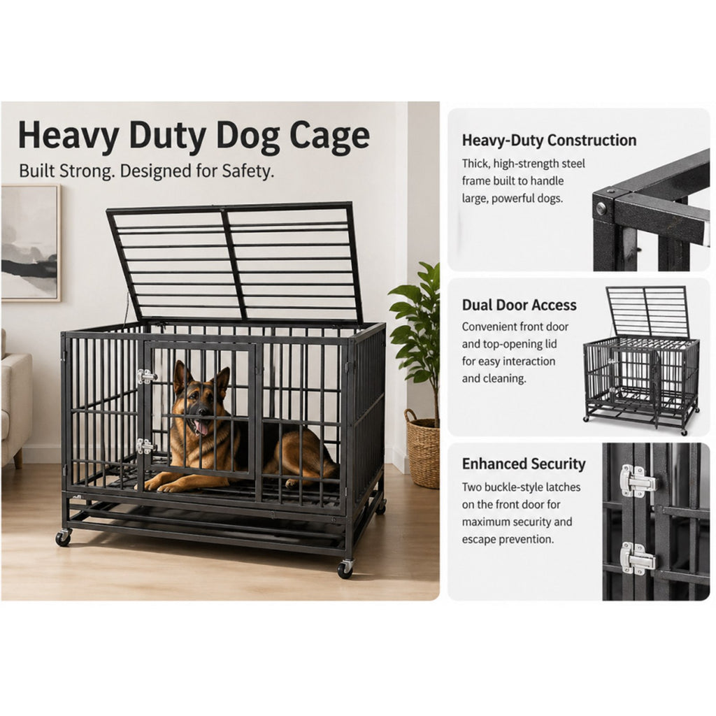 PawHaven 36" 42" 46" Heavy Duty Metal Dog Crate with Wheels, Indestructible Escape Proof Dog Cage, Double Door Foldable Dog Kennel with Removable Pull Out Tray
