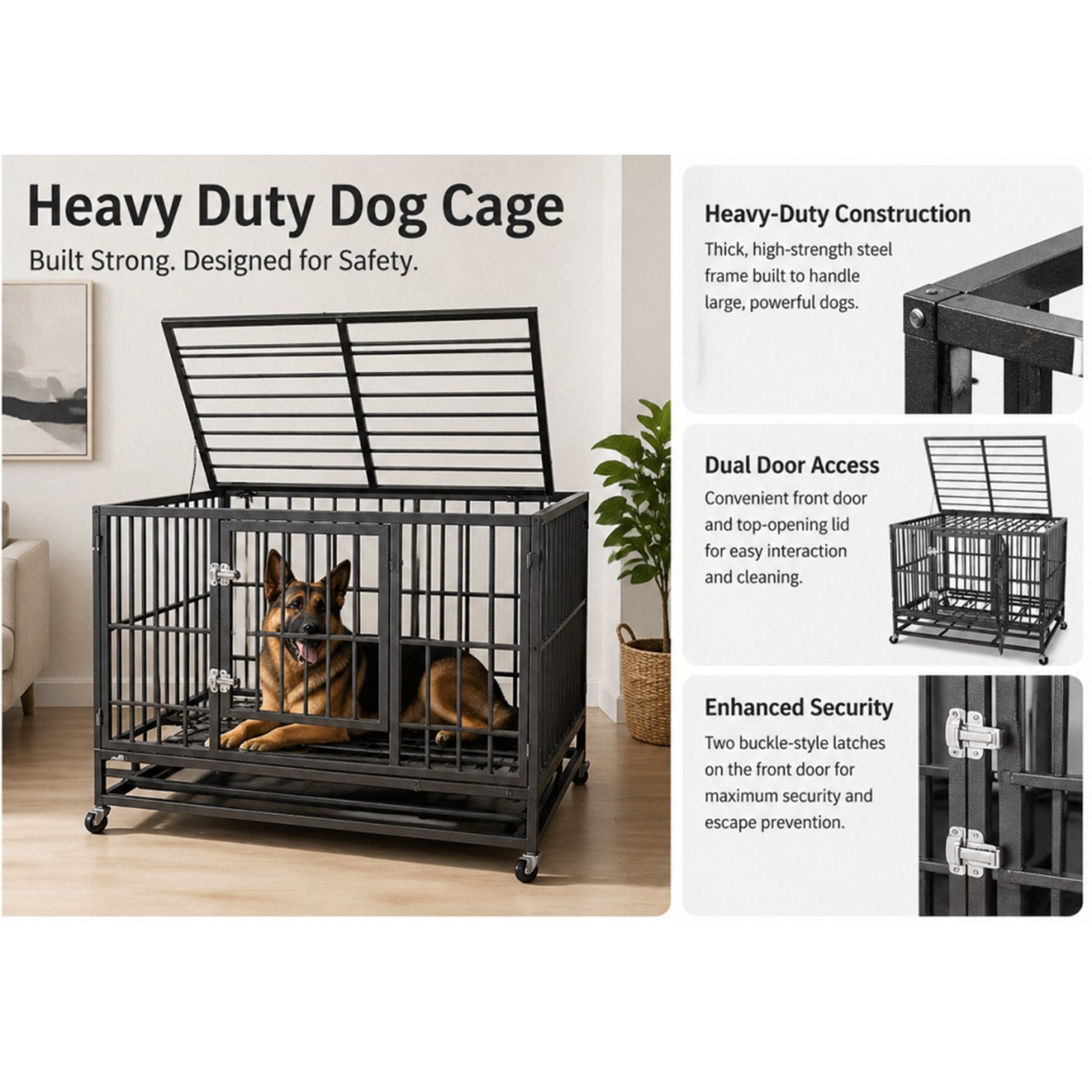 PawHaven 36" 42" 46" Heavy Duty Metal Dog Crate with Wheels, Indestructible Escape Proof Dog Cage, Double Door Foldable Dog Kennel with Removable Pull Out Tray
