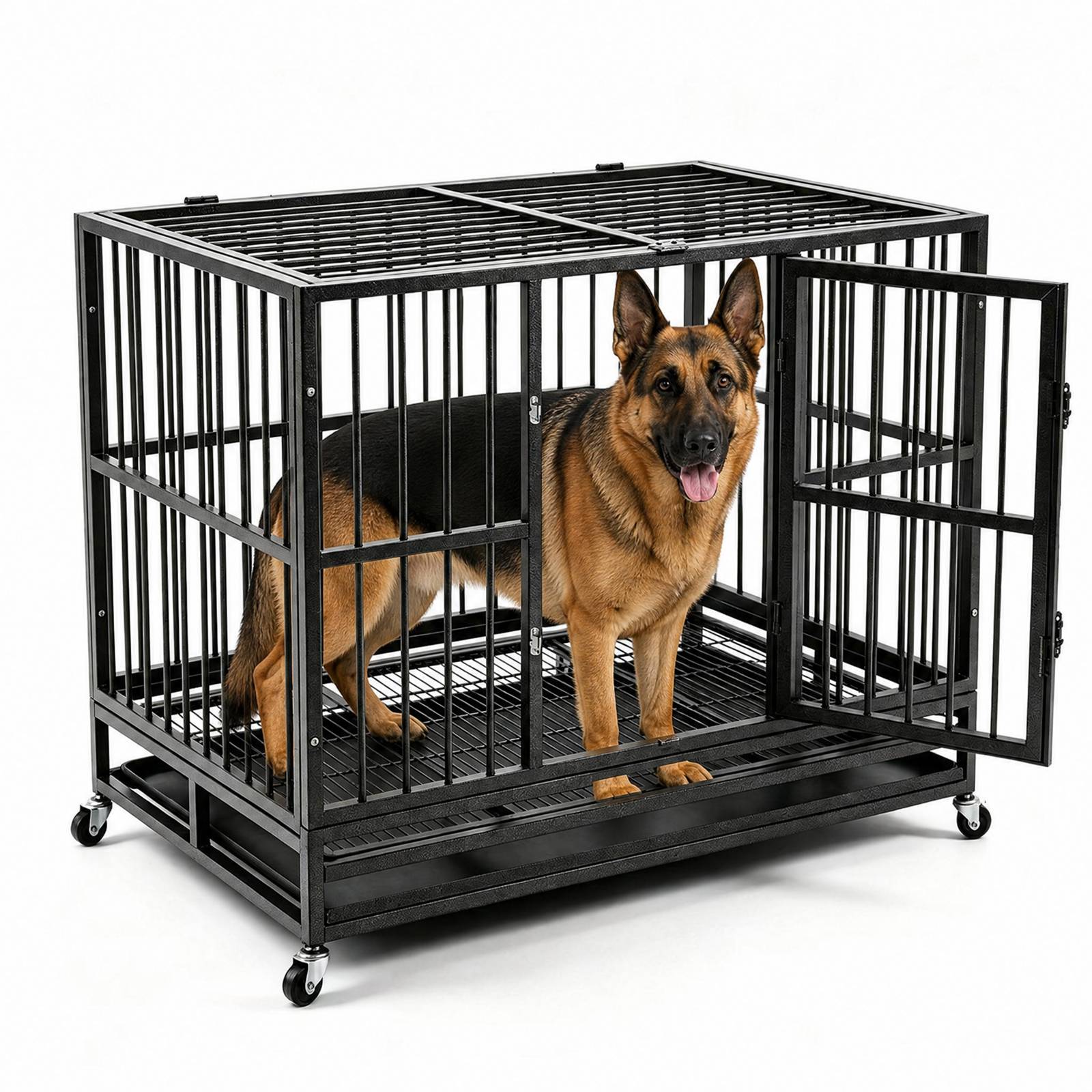 PawHaven 36" 42" 46" Heavy Duty Metal Dog Crate with Wheels, Indestructible Escape Proof Dog Cage, Double Door Foldable Dog Kennel with Removable Pull Out Tray